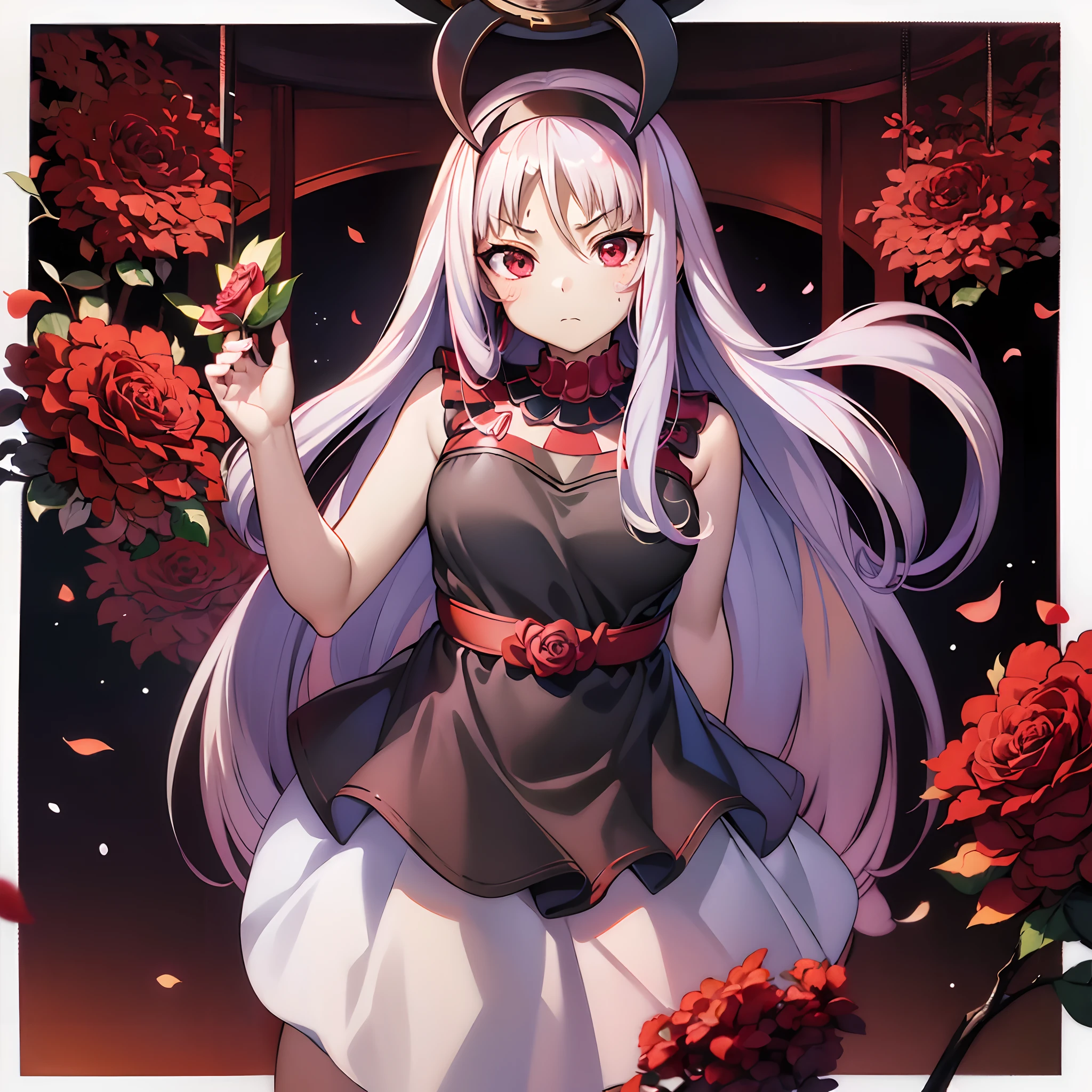 (Best Quality, masutepiece), (1girl in, Solo, Black Dress, Standing , Looking at Viewer, White hair, Red Eyes, holding rose, Closed mouth, Upper body), (Red Dream Catcher in the Back, Red flower, )