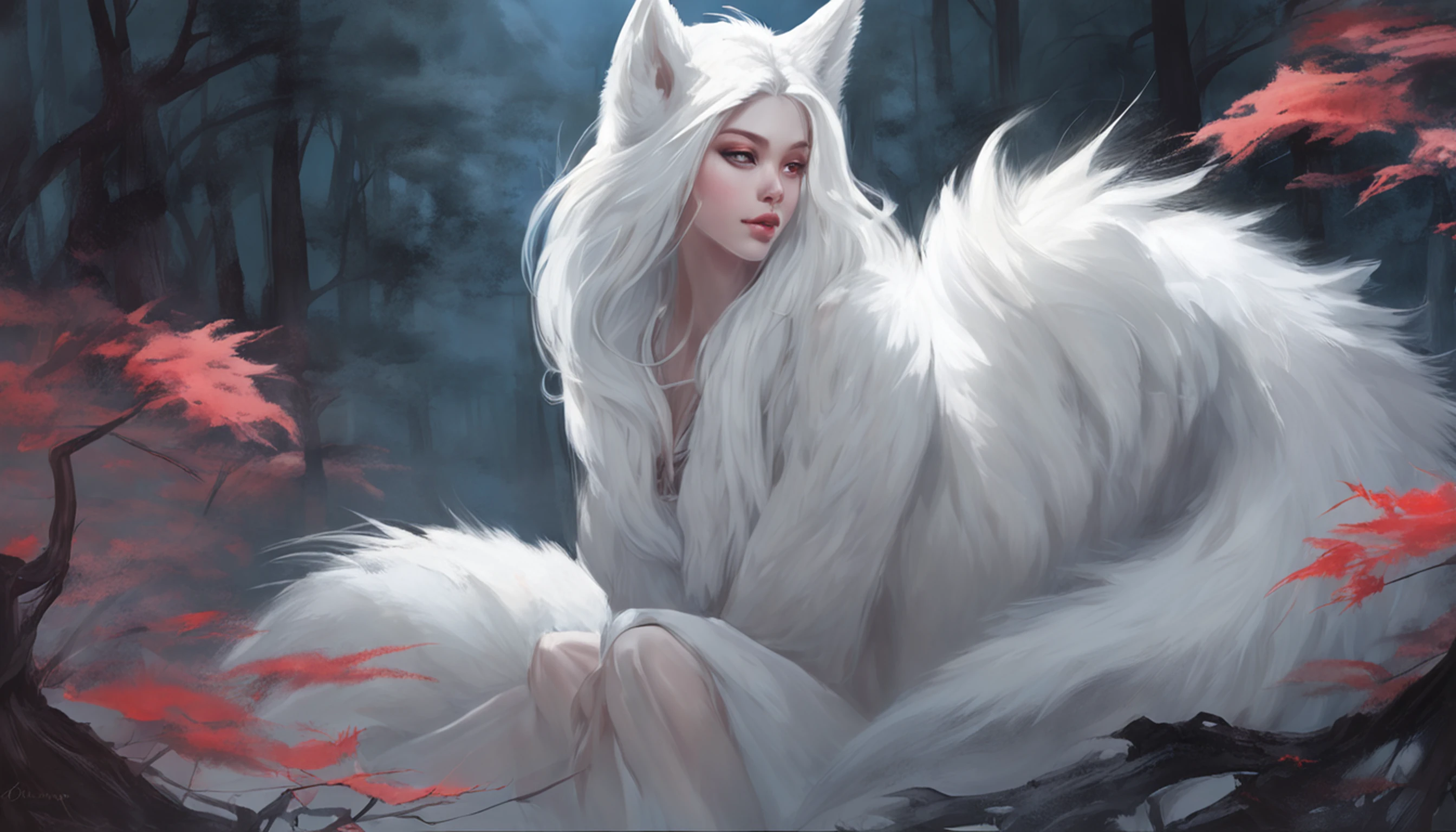(Next to the anime girl with white fur fox ears before the full moon is a huge white nine-tailed fox:1.5), fantasy fox love, White-haired fox, white fox anime, Anime fantasy illustration,(dark forest background，Blue transparent smoke surrounds:1.8), art of silverfox,Best quality, Masterpiece, 超高分辨率, (photograph realistic:1.4), ultra-realistic realism, Dream-like,fusionart, Shadowdancer, shadow magic, Darkness, stealth, shadowstep, umbral spells,