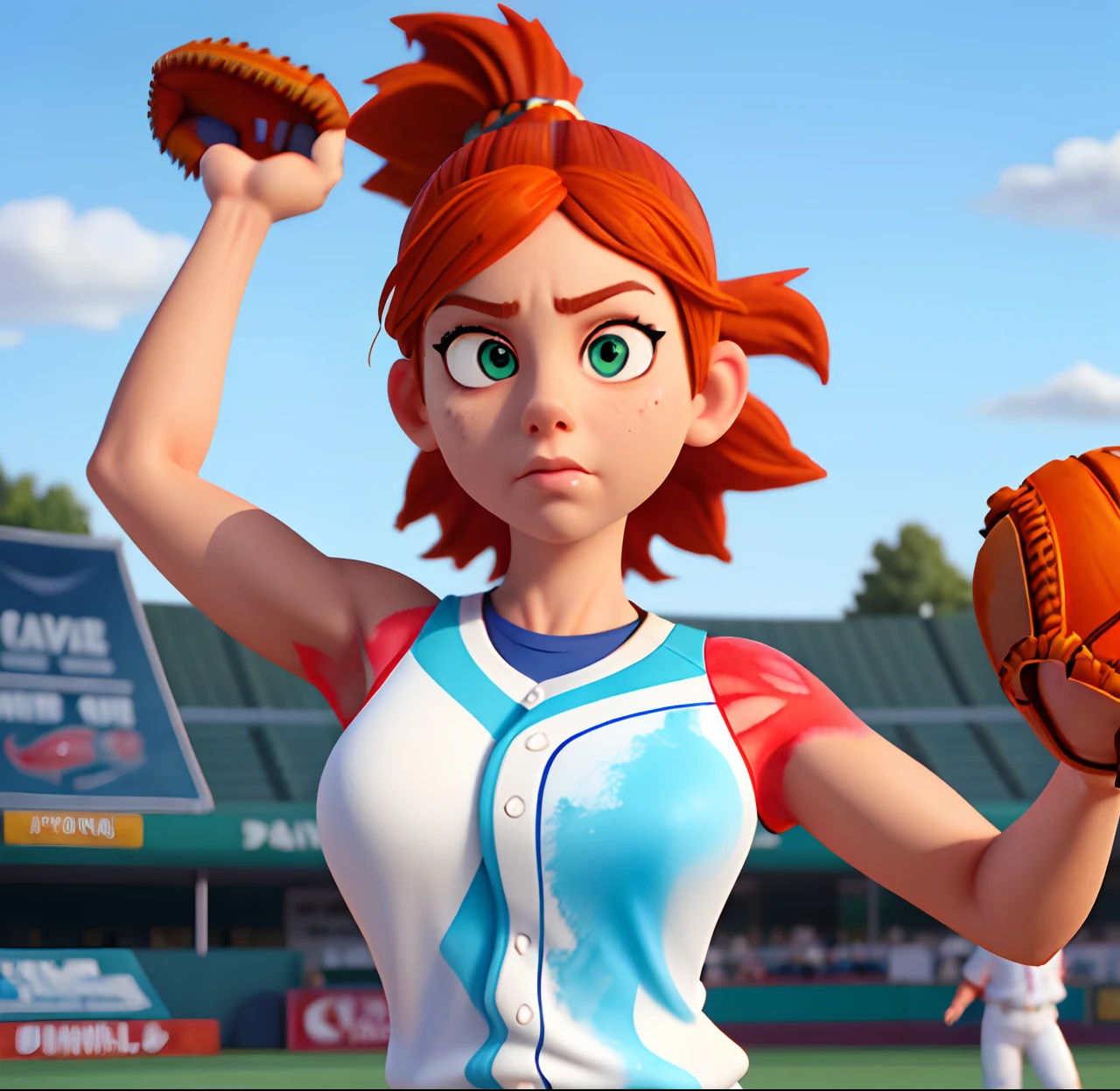 Masterpiece, (watercolor:1.3), (short stack:1.1), forward facing, eyes on camera, serious expression, (action shot:1.4) , (upper body strength:1.3), contrapposto (tattoo:1), softball pitcher, auburn hair, green eyes, (string bikini:1), pitching a softball at viewer, (focus on softball in foreground:1.4), sunny, natural lighting, High definition, excellent resolution, excellent quality, insane detail, semi realistic, postprocessed, crisp face, facial features, extremely detailed, facial features