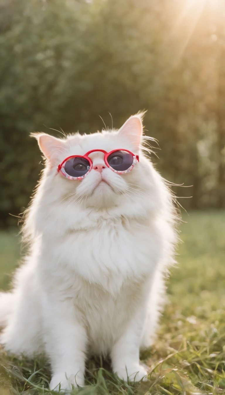 Wear pet clothes,Hats,Wearing a short silver gradient in large sunglasses with personality, rays of sunshine,heal,Lying on the lawn,There are some flowers,super adorable,Chubby