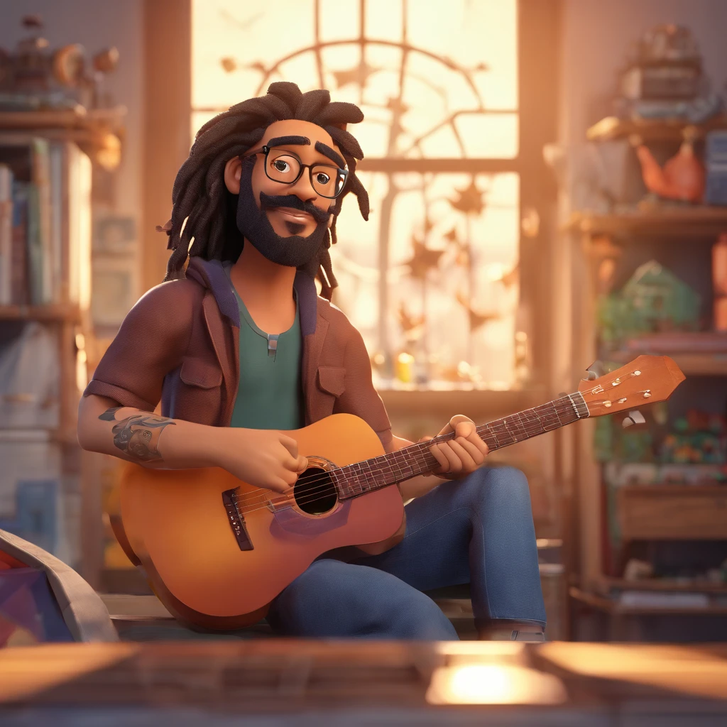Criar um post estilo Pixar, um homem 20 anos com bigode aparado e cavanhaque e cabelo dreadlock, Black Frame Prescription Glasses with Hoop Earrings on Ears Pircing on Tank Top Nose Tattoo Playing Classical Guitar