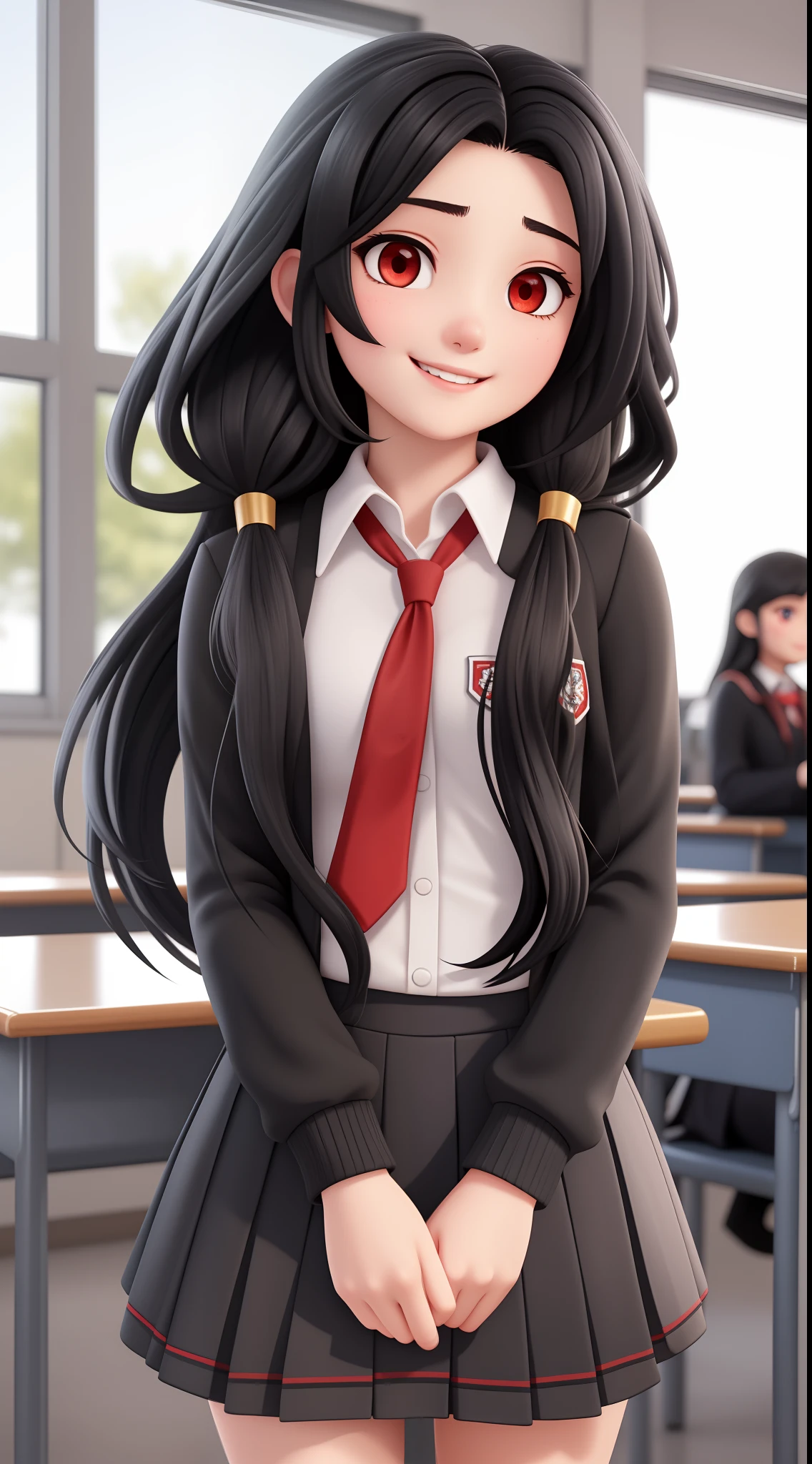 An 18-year-old woman, with long black hair, round face, charming smile, and red eyes, school uniform,