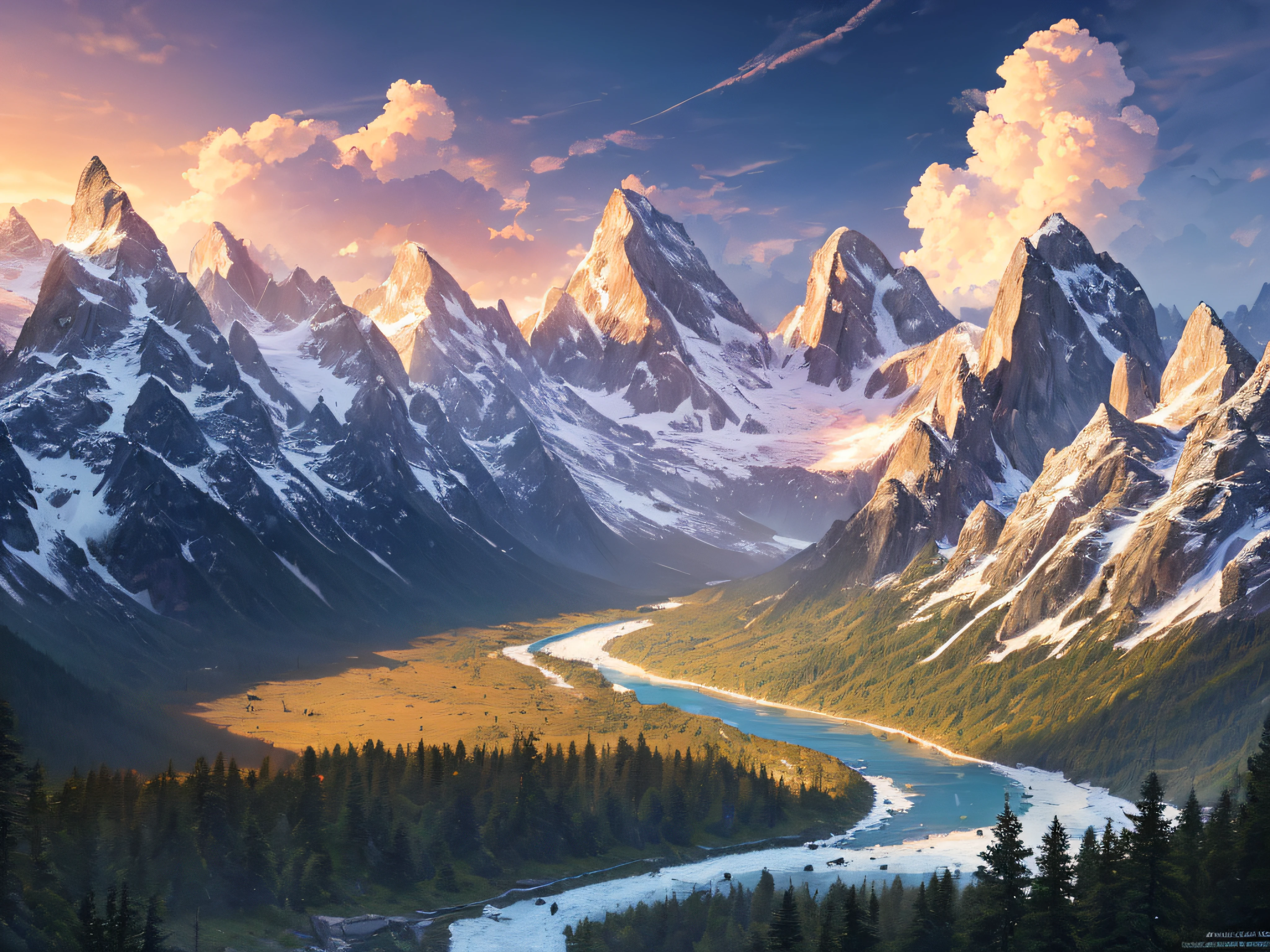 ((masterpiece,best quality,ultra detailed,ultra high res,detailed background)),sunrise,alpine, floe,river,cumulonimbus cloud,woods,sunlight,chiaroscuro,