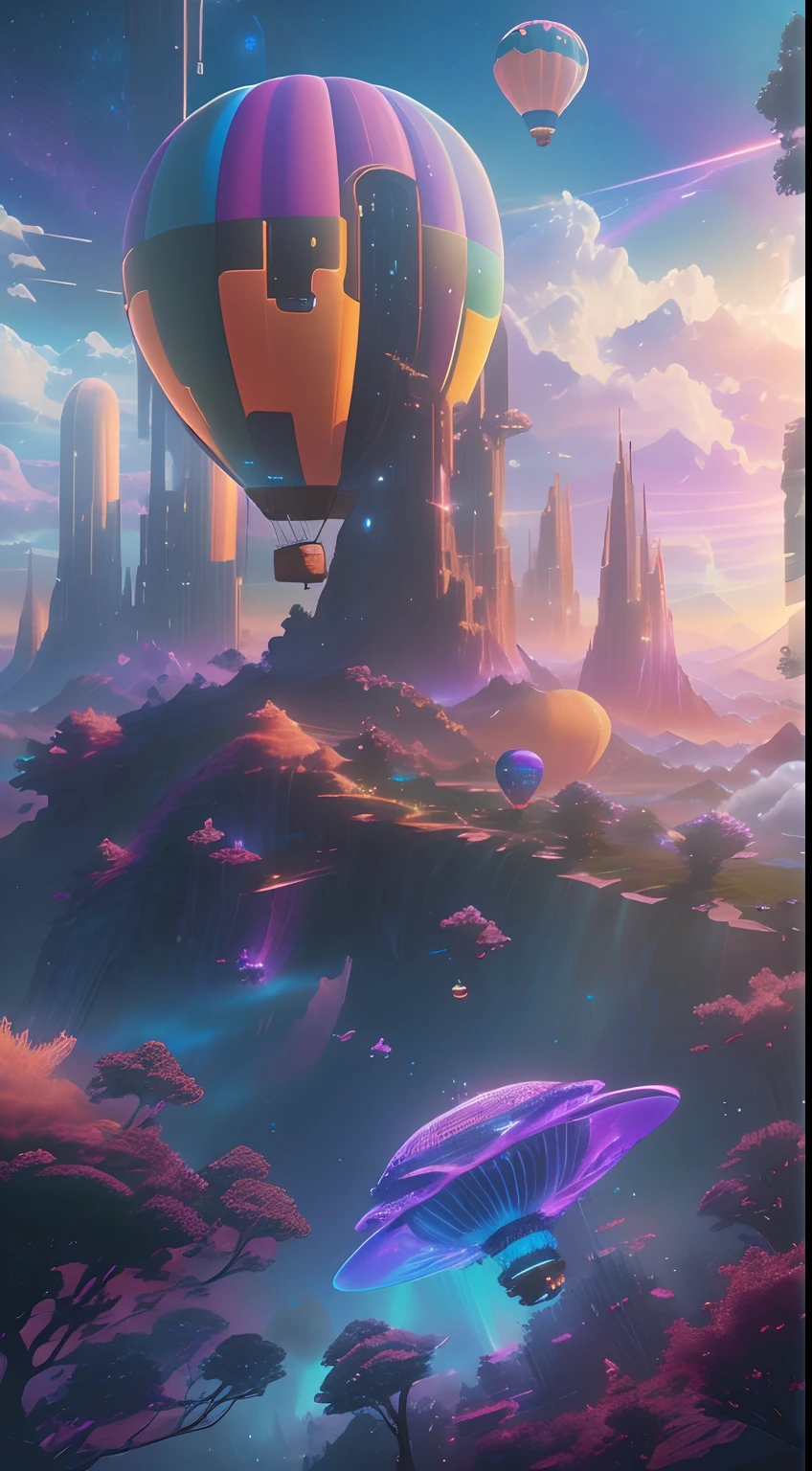 （（tmasterpiece，best qualtiy）），Beautiful 8K Ultra HD professional photos, Sharp focus, In a stunning fantasy world, A hot air balloon over a futuristic city，Retro cyberpunk，Strange hot air balloons,Colorful,A hot air balloon in the shape of a cute jellyfish，In the clouds,beautiful sky,Surreal,Epic dreams,a fairy world,illustration,High quality,3D rendering of,Ultra-detailed,Photorealistic,Vibrant colors,Stunning lighting，anatomy correct，Interstellar，Endless space，ssee-through，depth of fields，Magnificent space image scene，Epic futuristic science fiction，8K highly detailed digital art, arstation and beeple highly, paul lehr and beeple, amazing wallpapers, in the style of beeple, epic fantasy sci fi illustration, 3 d render beeple