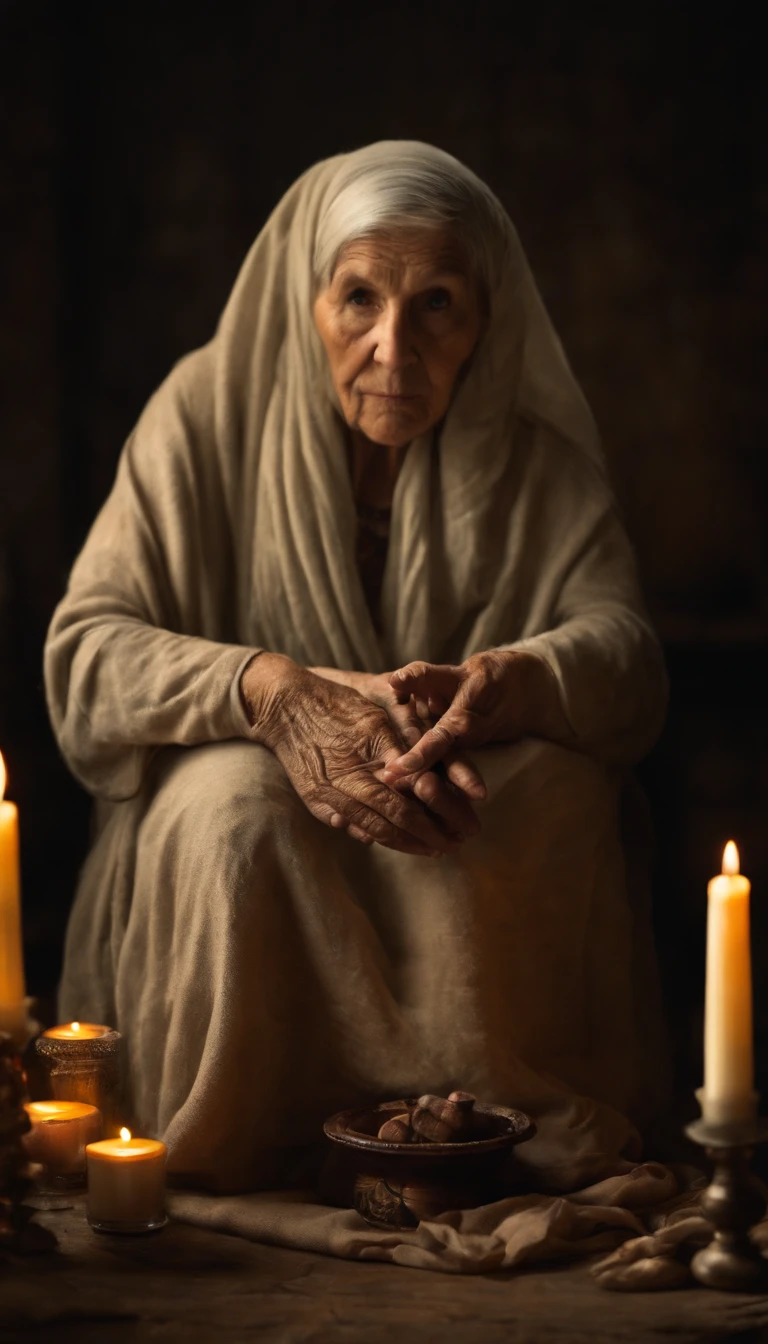 fortune teller. Intricate half body portrait of a very old Caucasian woman with wrinkles, illuminated by warm litted candles, with a backdrop of eerie dungeion . stunning interpretive visual, maximalist scarf and veil. f1.0lens, tilt-shift, shalllow DOF. dramatic lighting. chiaroscuro,