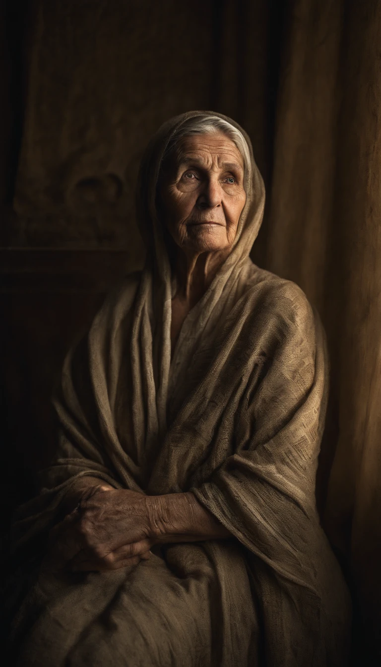 fortune teller. Intricate half body portrait of a very old Caucasian woman with wrinkles, illuminated by warm litted candles, with a backdrop of eerie dungeion . stunning interpretive visual, maximalist scarf and veil. f1.0lens, tilt-shift, shalllow DOF. dramatic lighting. chiaroscuro,
