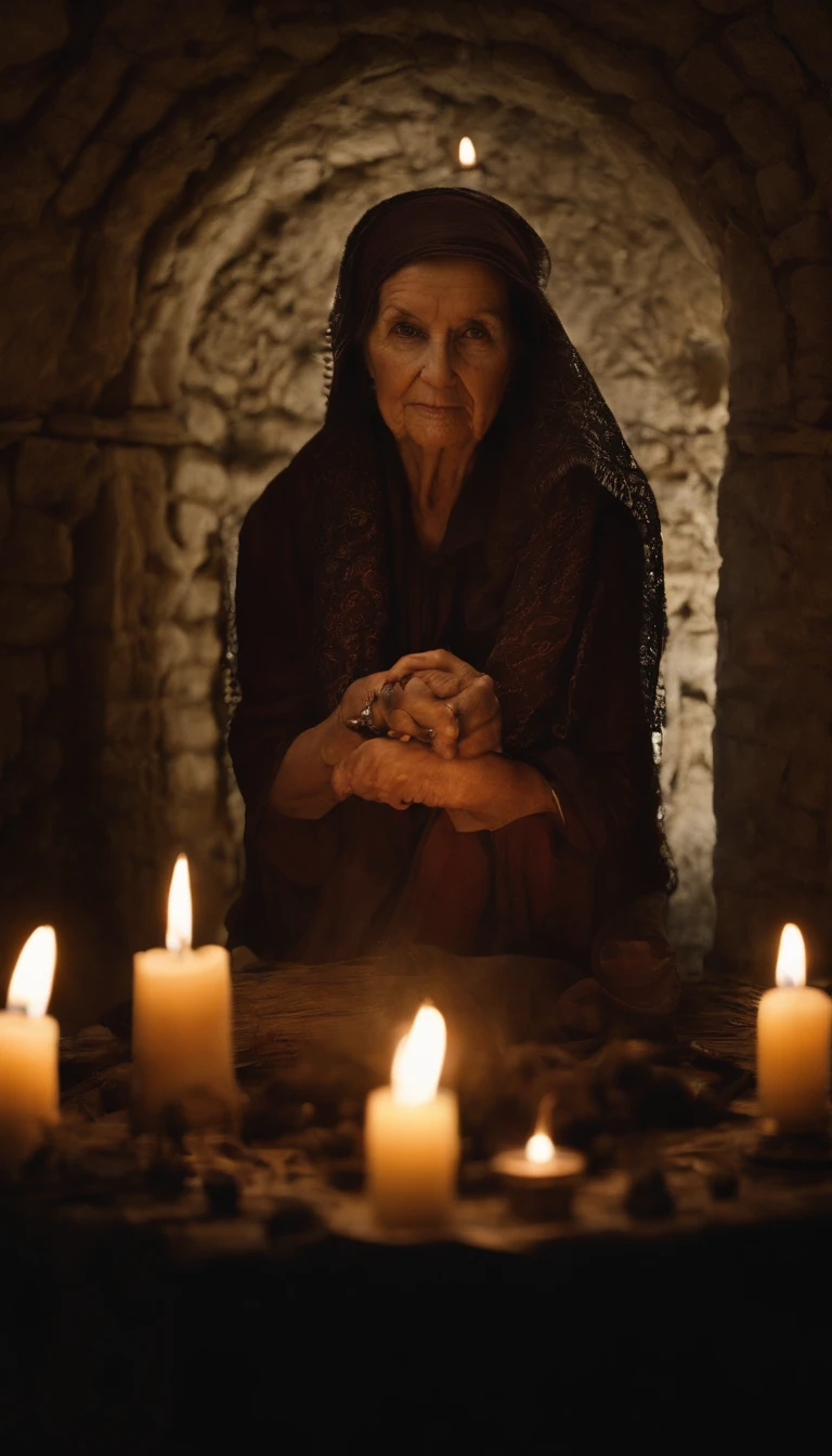 fortune teller. Intricate half body portrait of a very old Caucasian woman with wrinkles, illuminated by warm litted candles, with a backdrop of eerie dungeion . stunning interpretive visual, maximalist scarf and veil. f1.0lens, tilt-shift, shalllow DOF. dramatic lighting. chiaroscuro,