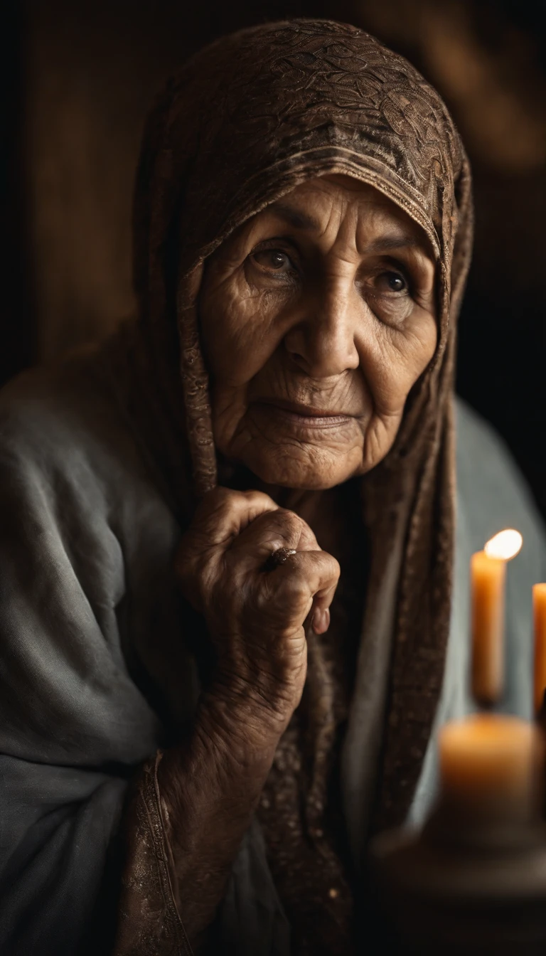 fortune teller. Intricate half body portrait of a very old Caucasian woman with wrinkles, illuminated by warm litted candles, with a backdrop of eerie dungeion . stunning interpretive visual, maximalist scarf and veil. f1.0lens, tilt-shift, shalllow DOF. dramatic lighting. chiaroscuro,