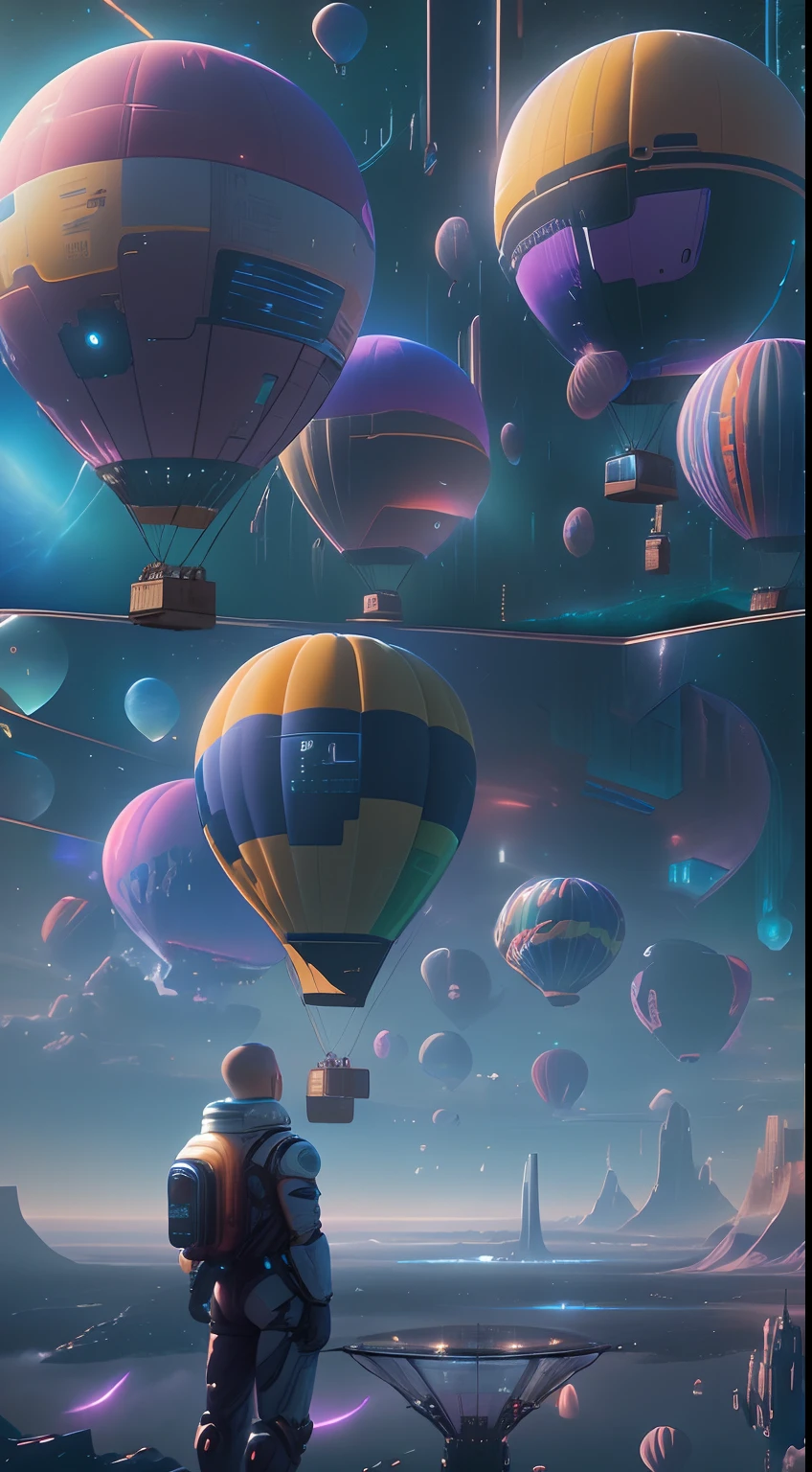 （（tmasterpiece，best qualtiy）），Beautiful 8K Ultra HD professional photos, Sharp focus, In a stunning fantasy world, A hot air balloon over a futuristic city，Retro cyberpunk，Strange hot air balloons,Colorful,A hot air balloon in the shape of a cute jellyfish，In the clouds,beautiful sky,Surreal,Epic dreams,a fairy world,illustration,High quality,3D rendering of,Ultra-detailed,Photorealistic,Vibrant colors,Stunning lighting，anatomy correct，Interstellar，Endless space，ssee-through，depth of fields，Magnificent space image scene，Epic futuristic science fiction，8K highly detailed digital art, arstation and beeple highly, paul lehr and beeple, amazing wallpapers, in the style of beeple, epic fantasy sci fi illustration, 3 d render beeple