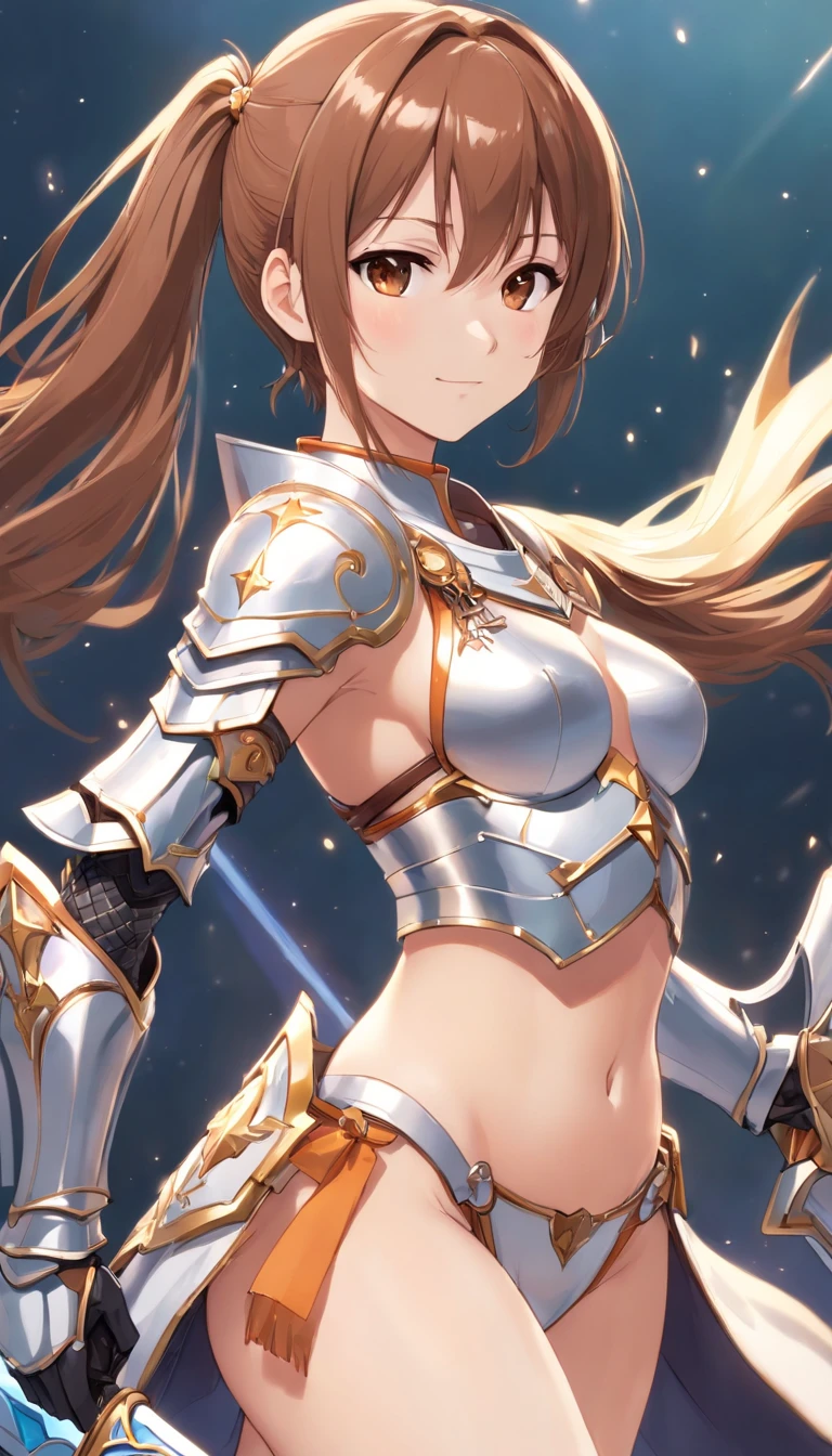 Asuna, Asuna_(As estrelas), (1girll,Solo) ,Fantasy, hight resolution, 19 Private, Original, (Sheath of the waist:1.3), Smile, , Short hair, medium breasts, view the viewer, Bangs ,Hazel Eye Detail, , Hands on the chest,(Brown hair,short ponytail hair:1.5), ,Short hair, Standing,straight-on, ABEC,(full body Esbian:1.1), white thighhig,(ABEC:1.4),a close up of a woman in armor holding a sword, armor girl, bikini armor female knight, Bikini Armor, bikini-armor, Gorgeous Female Paladin, Female knight, of a beautiful female knight, Beautiful armor, A slender、silver bikini armor, Exposure of the abdomen, ornate bikini armor, stunning armor, The knight of beauty smiled,Longitudinal navel、skin gloss、skin gloss、full body Esbian,Futomo,Silver Armored Boots