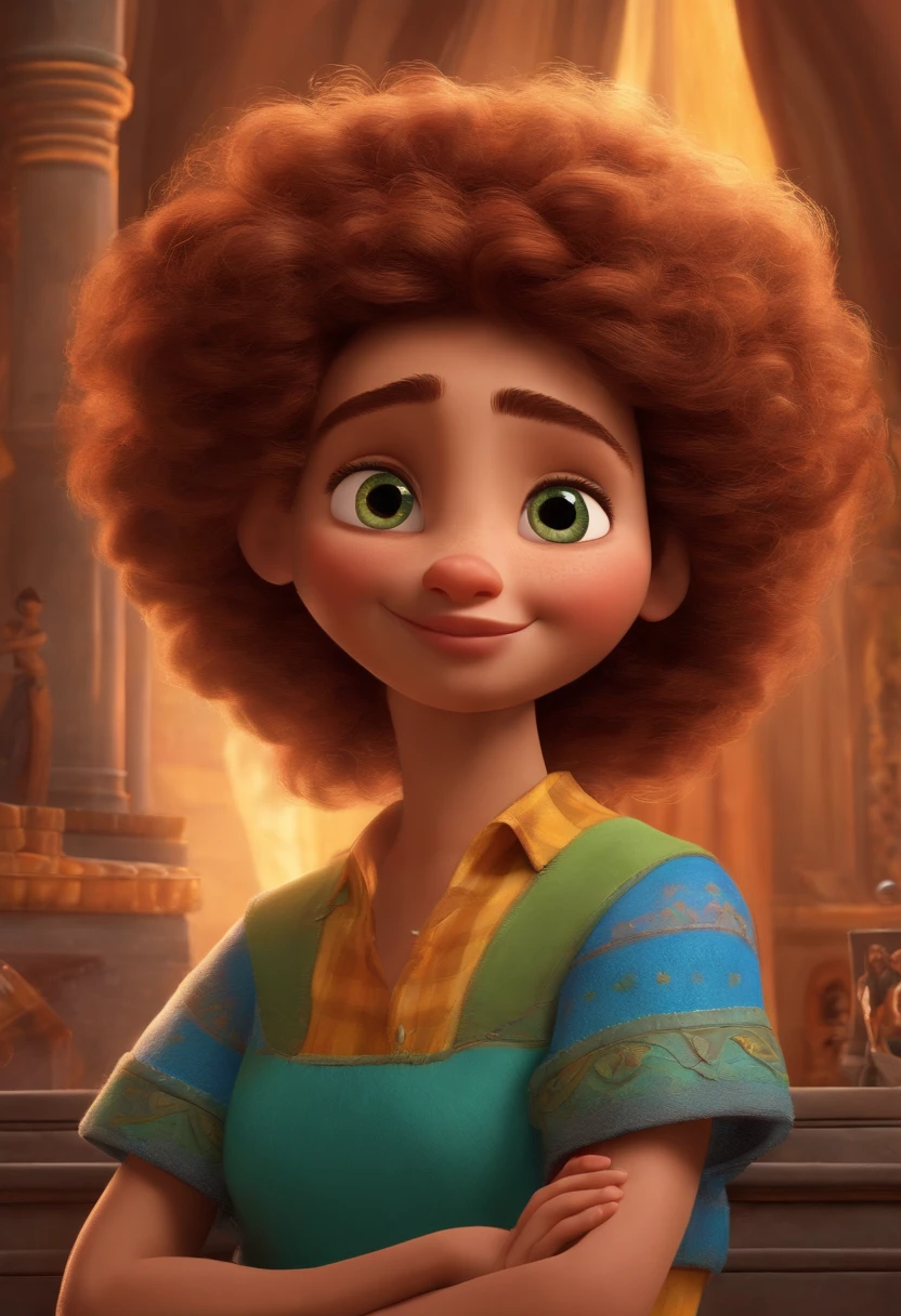 Um filme inspirado na Disney Pixar (MENINA NEGRA JOVEM COM CABELO LONGO CACHEADO PRETO) dentro A cena estar na arte distinta do estilo PIXAR, descolada e estilosa