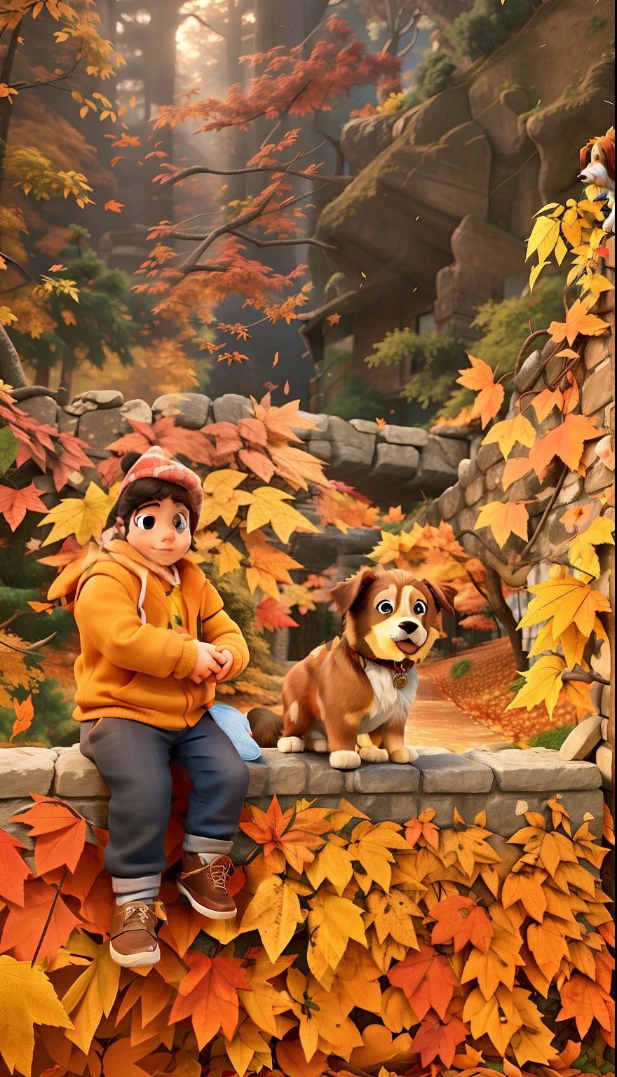  sitting on a wall with a dog and a dog collar, with his hyperactive little dog, no outono, com hera, tirado no iphone 14 pro, with dogs, 🍂 fofo, in front of the house, 🍁 fofo, Directed by: Emma Andijewska, Directed by: Gawen Hamilton, Directed by: Anato Finnstark, bem editado