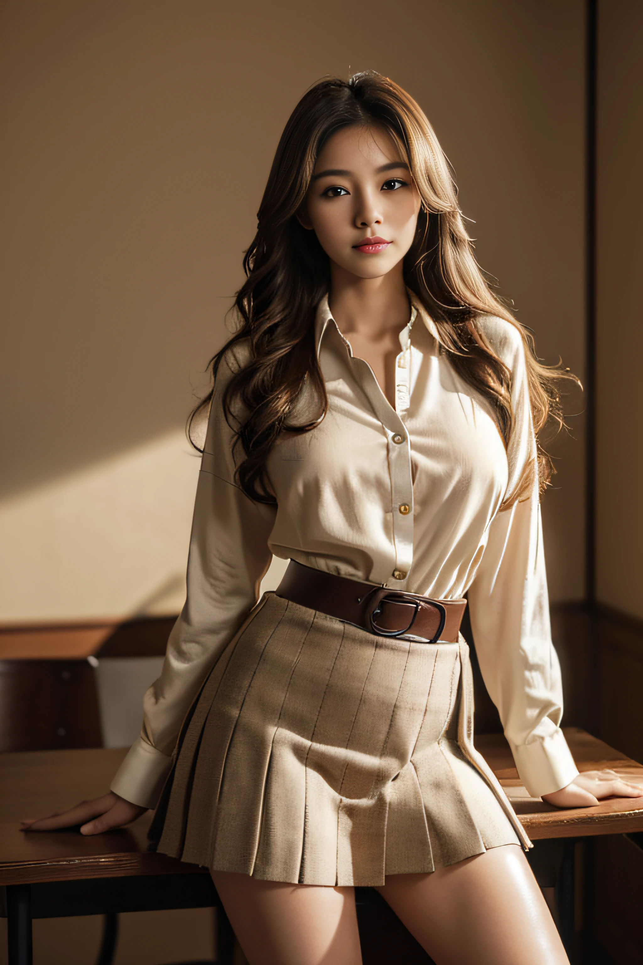 ((Beautiful girl from Japan:1.3))((High School Girl Uniform:1.4))((Brown-colored super long hair:1.2))((Loosely curled hair:1.2))((FULL BODYSHOT:1.7))((pantyshot:1.5))((highschool)),((Check tweed wrap skirt:1.3)) ((in class room:1.3)) ((Thick_textile:1.4)) ((Random sexy poses:1.3)) ((medium chest:1.1)) ((Brown silk blouse:1.4)),(((The buttons on the blouse are unbuttoned up to the second button)))((Arching the chest))((kindly smile:1.2))((close-up:1.2)) Best Quality,masutepiece,超A high resolution,(Photorealistic:1.4),Raw foto,(Authentic skin texture:1.3),(Film grain:1.3),the panorama,Character Portrait,Very Wide Shot,((big breasts thin waist:1.2)),Cowboy Shots,(Darkin, deepshadow, lowkey, cold light,) natta,(()),Streaming Tears,,Dust,Tindall Effect,(expressions),1girl in,beautiful detailed eyes and face,White Jabot,Brown eyes,