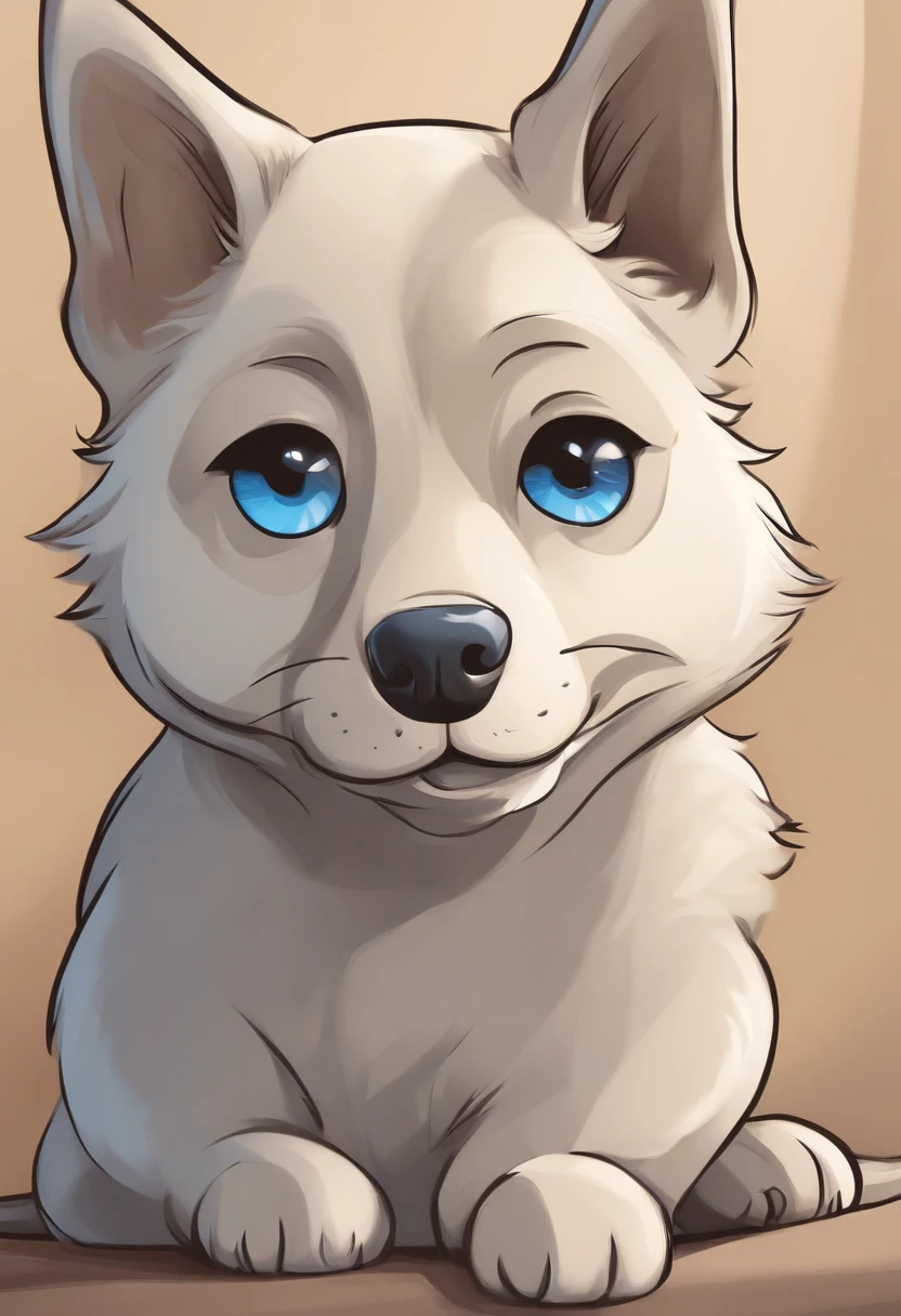 Cartoon of a medium beige dog turns over and cartoon of a small gray cat with blue eye