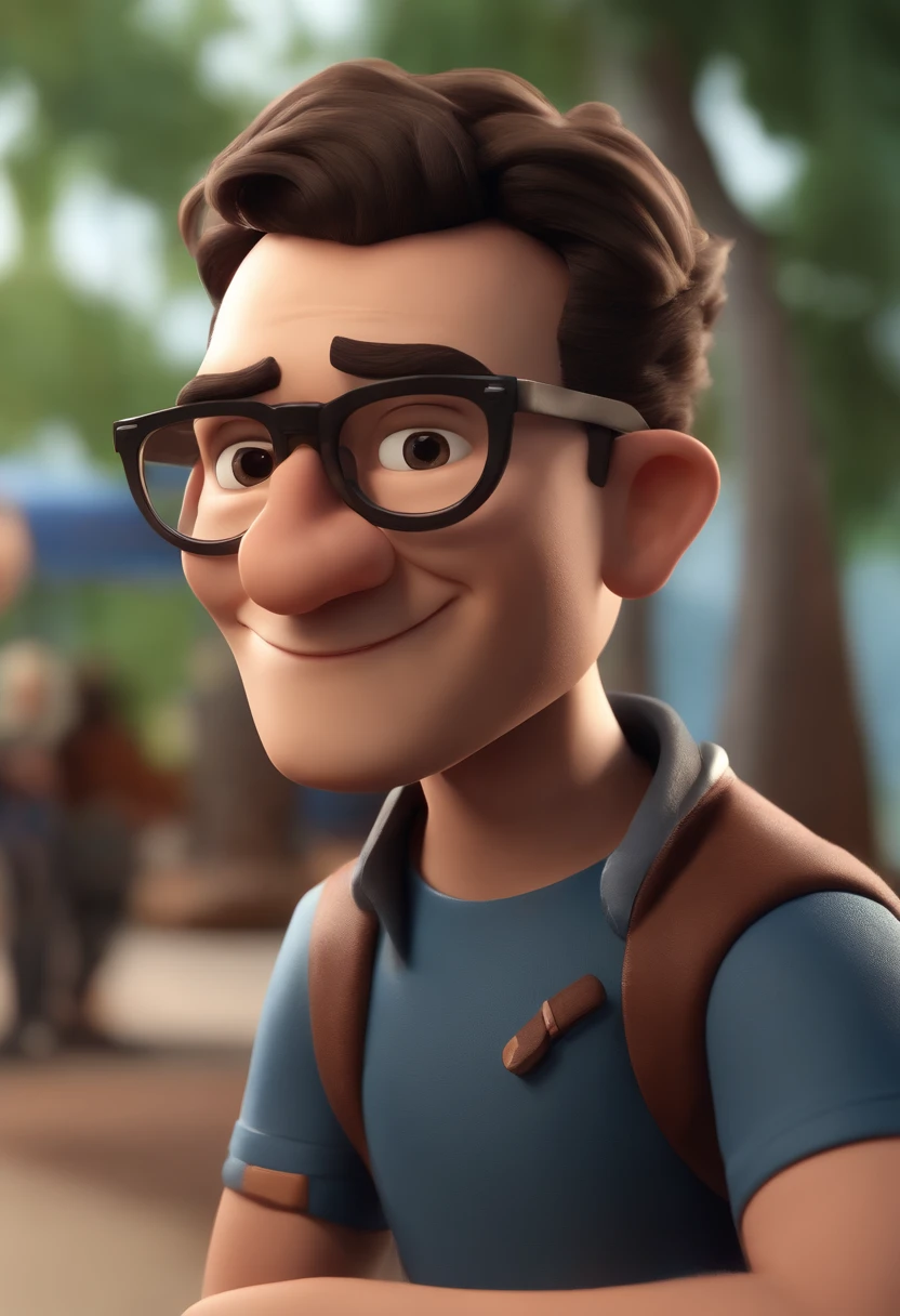 Cartoon character of a man with black glasses, cabelo cacheado marrom escuro e uma camisa azul, animation character, Caractere estilizado, animation style rendering, 3D estilizado, Arnold Maya render, 3 d render stylized, toon render keyshot, Personagem 3D, Personagem 3D, 3d rendering stylized, 3 d character render, personagem de desenho animado, Personagem de close up, Pose de personagem,  (Estilo Pixar) (master part:1.2) (Bokeh) (best quality) (pele detalhada) (textura detalhada) (8k) (argila) (Cinematic lighting) (foco nítido