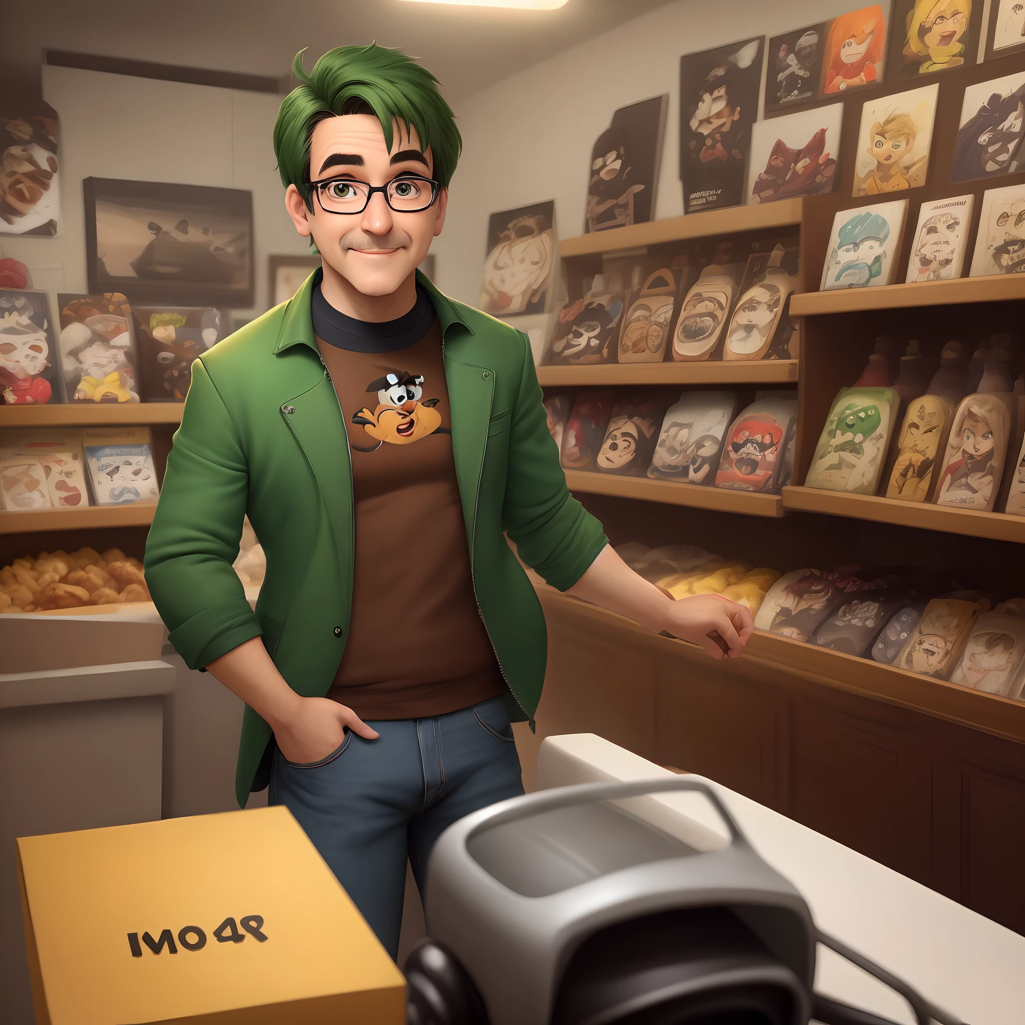 Criar um personagem estilo pixar, vendedor de motos , 44anos , olhos verdes, cabelo castanho e curto, I wear glasses, sentando em frente uma mesa