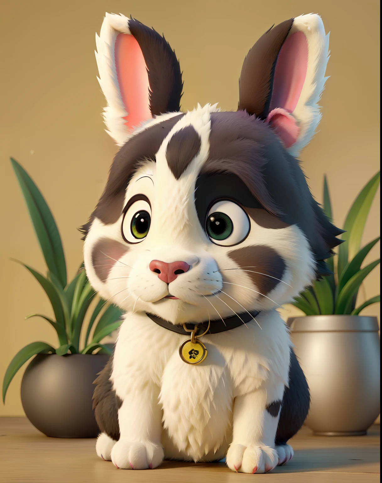 A hybrid of a panda and rabbit with bunny ears and the color of it yellow with black