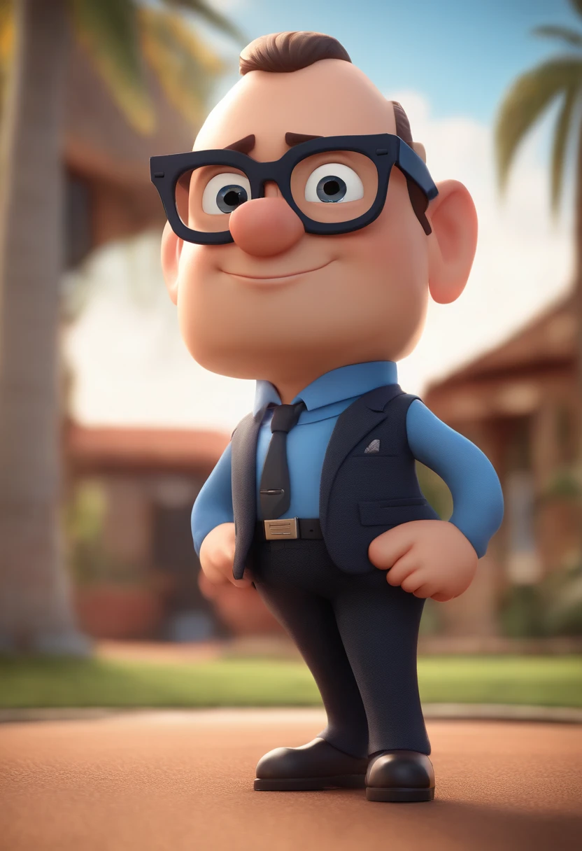 Cartoon character of a man wearing black glasses, moreno, cabelos grisalhos, nas redondo, pinta lado esquerdo da boca, camisa azul, um personagem animado, Caractere estilizado, animation style rendering, 3D estilizado, Arnold Maya render, 3 d render stylized, toon render keyshot, Personagem 3D, Personagem 3D, 3d rendering stylized, 3 d character render, personagem de desenho animado, Personagem de close up, Pose de personagem, (Estilo Pixar) (master part:1.2) (Bokeh) (best quality) (pele detalhada) (textura detalhada) (8k) (argila) (Cinematic lighting) (foco nítido,Senta e vaza a parte superior do corpo