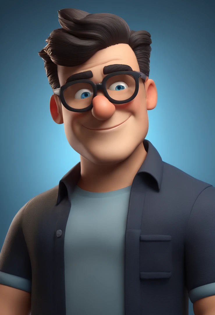 Cartoon character of a man wearing black glasses, moreno, cabelos grisalhos, nas redondo, pinta lado esquerdo da boca, camisa azul, um personagem animado, Caractere estilizado, animation style rendering, 3D estilizado, Arnold Maya render, 3 d render stylized, toon render keyshot, Personagem 3D, Personagem 3D, 3d rendering stylized, 3 d character render, personagem de desenho animado, Personagem de close up, Pose de personagem, (Estilo Pixar) (master part:1.2) (Bokeh) (best quality) (pele detalhada) (textura detalhada) (8k) (argila) (Cinematic lighting) (foco nítido,Senta e vaza a parte superior do corpo