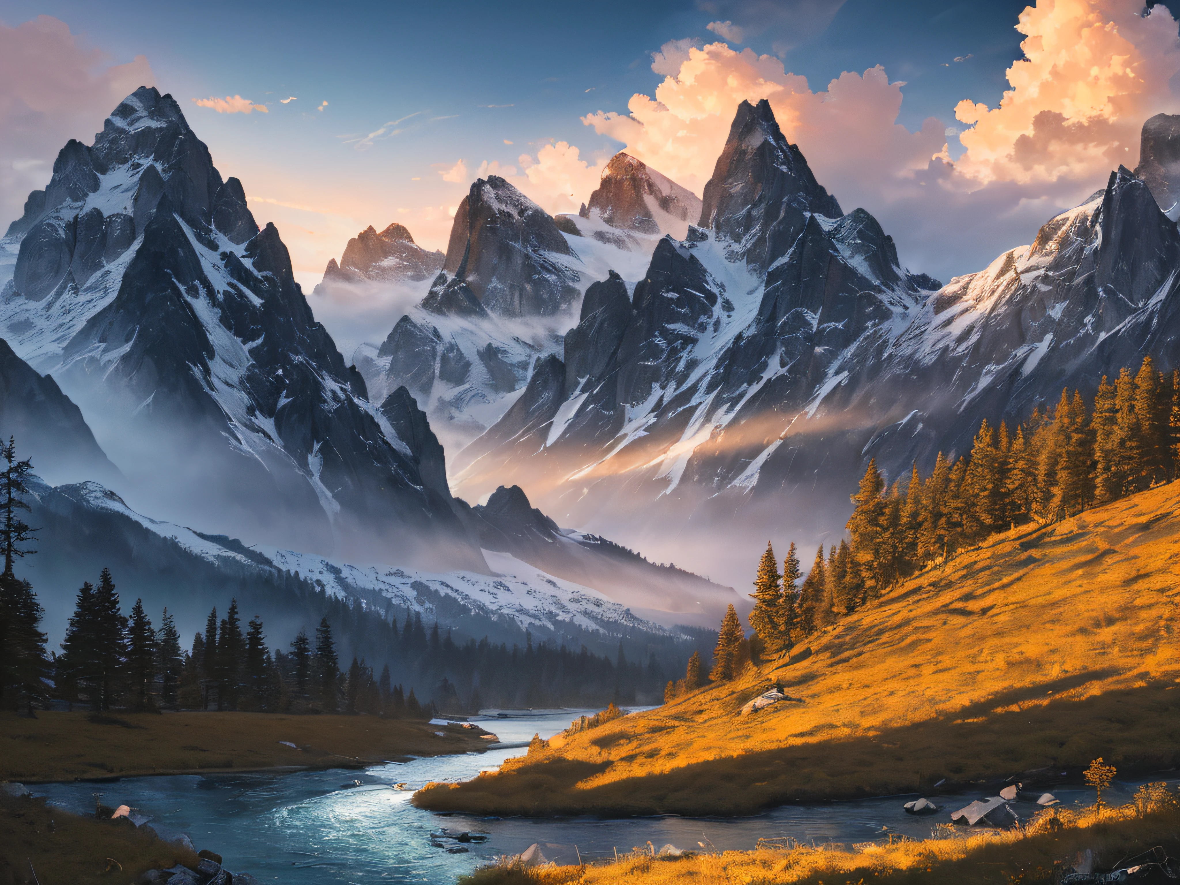 ((masterpiece,best quality,ultra detailed,ultra high res,detailed background)),sunrise,alpine, floe,river,cumulonimbus cloud,woods,sunlight,chiaroscuro,
