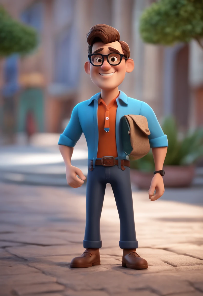 Cartoon character of a man with black glasses and a blue shirt, animation character, Caractere estilizado, animation style rendering, 3D estilizado, Arnold Maya render, 3 d render stylized, toon render keyshot, Personagem 3D, Personagem 3D, 3d rendering stylized, 3 d character render, personagem de desenho animado, Personagem de close up, Pose de personagem,  (Estilo Pixar) (master part:1.2) (Bokeh) (best quality) (pele detalhada) (textura detalhada) (8k) (argila) (Cinematic lighting) (foco nítido