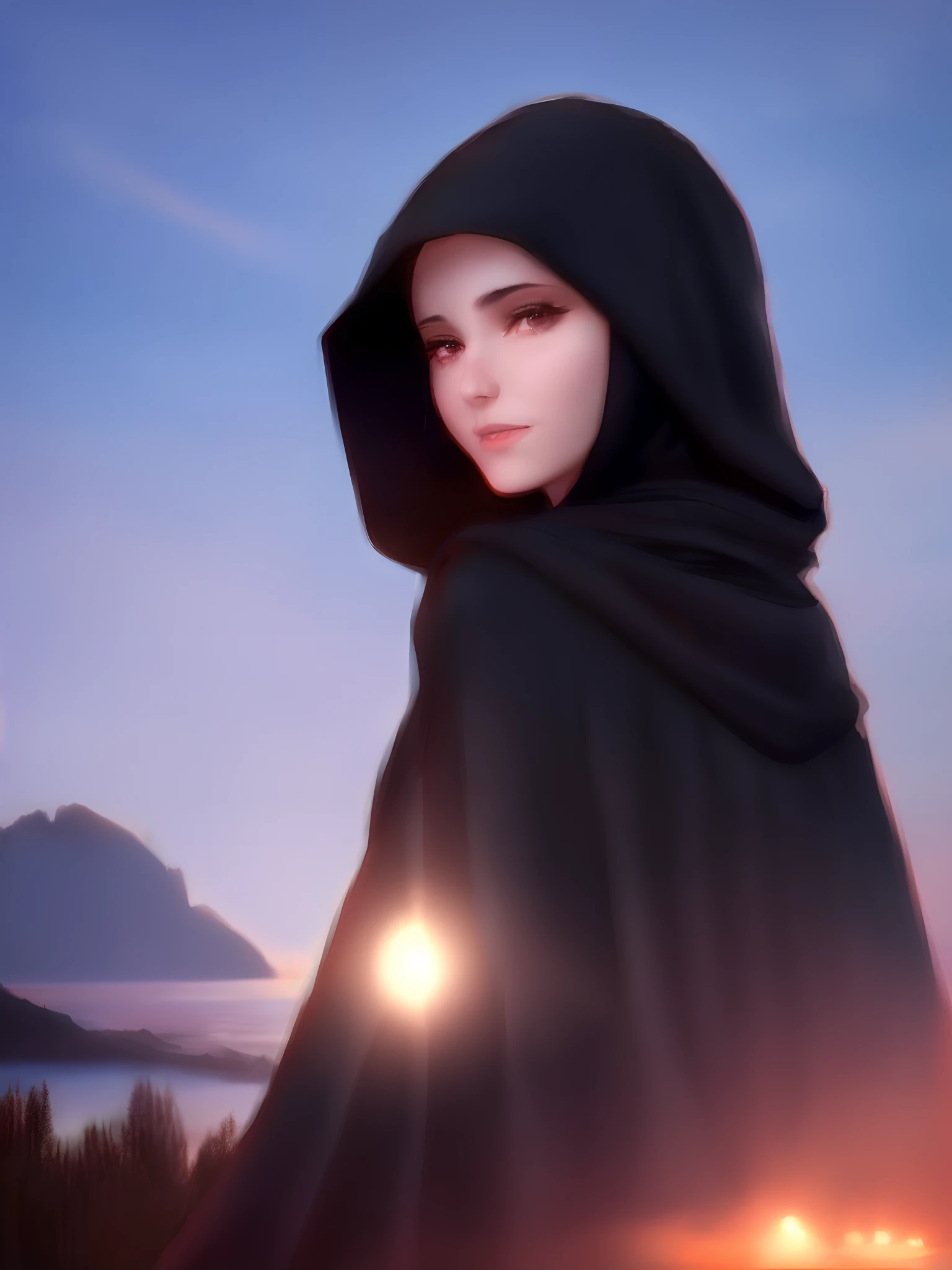 Pin Daeni, Ilya Kuvshinov, Sophie Anderson, Appeler, (((paysage))), (((portrait))), (((Fantaisie noire))),  Jeune femme busty, (((cloaked))), (((hooded))), (((Bandeau))), (seductive pose), (seductive expression), ((Masterpiece)), (Crushed), (beau visage), (beaux yeux), (Art conceptuel), (((Detailed))), ((complexe)), pixiv, Light Novel, UHD, Couleurs vives, tranchant, mature , noir