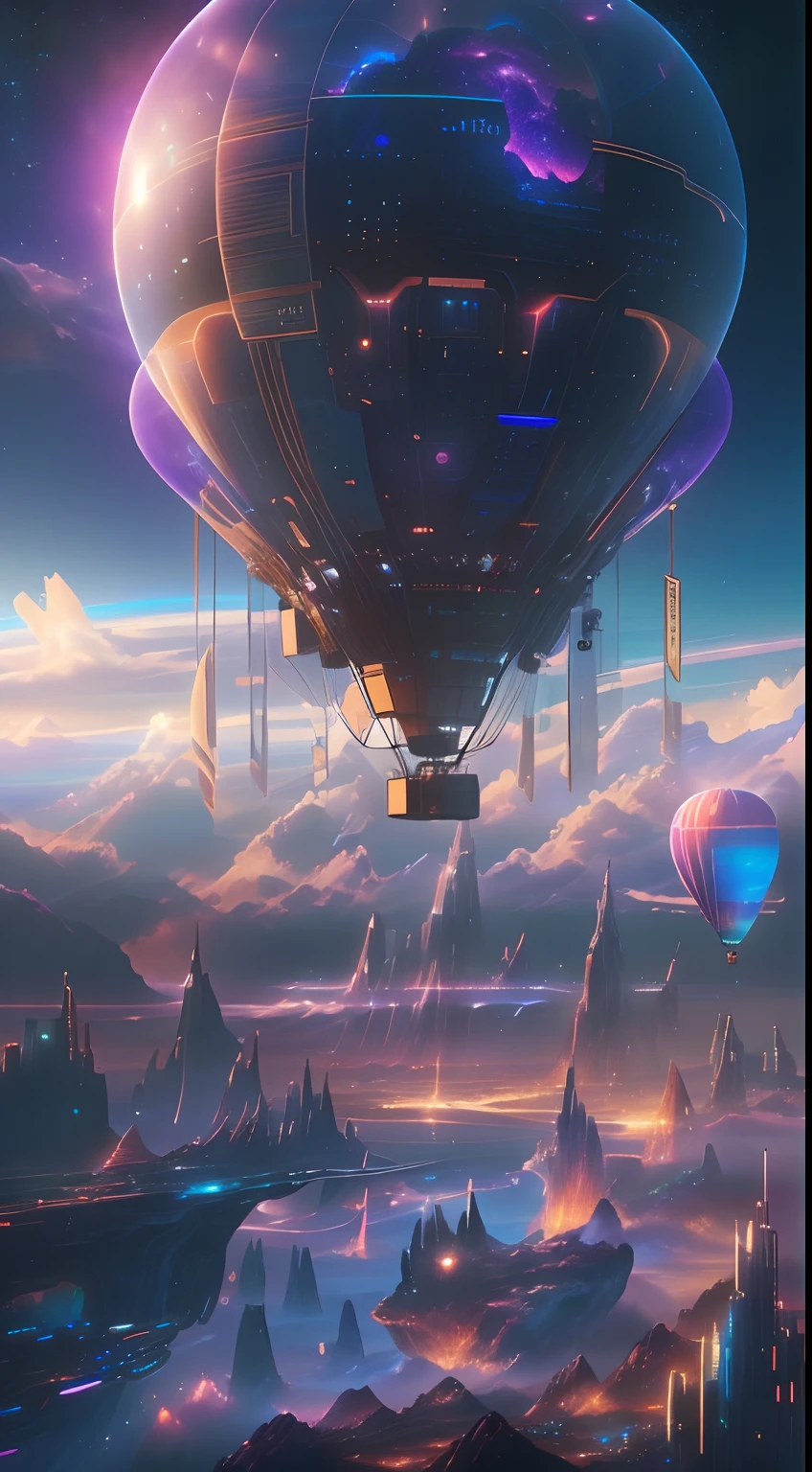 （（tmasterpiece，best qualtiy）），Beautiful 8K Ultra HD professional photos, Sharp focus, In a stunning fantasy world, A hot air balloon over a futuristic city，Retro cyberpunk，Strange hot air balloons,Colorful,A hot air balloon in the shape of a cute jellyfish，In the clouds,beautiful sky,Surreal,Epic dreams,a fairy world,illustration,High quality,3D rendering of,Ultra-detailed,Photorealistic,Vibrant colors,Stunning lighting，anatomy correct，Interstellar，Endless space，ssee-through，depth of fields，Magnificent space image scene，Epic futuristic science fiction