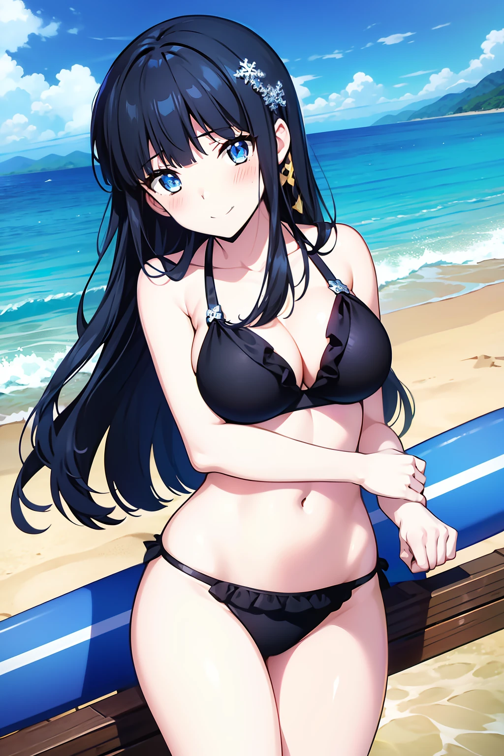 Miyuki, 1girl in, Solo, long_hair, Bangs, Blue_Eyes, Black_hair, hair_ornament detached, blunt_Bangs, Yuki, Snowflake_hair_ornament detached、Look at viewers、embarrassed, Blushing, A smile,(Black Bikini:1.3),(the beach:1.3)、thighs thighs thighs thighs、cowboy  shot、Bare neck、Bare arms、bare shoulders​、bare elbows、Bare hands、Naughty big、large full breasts、