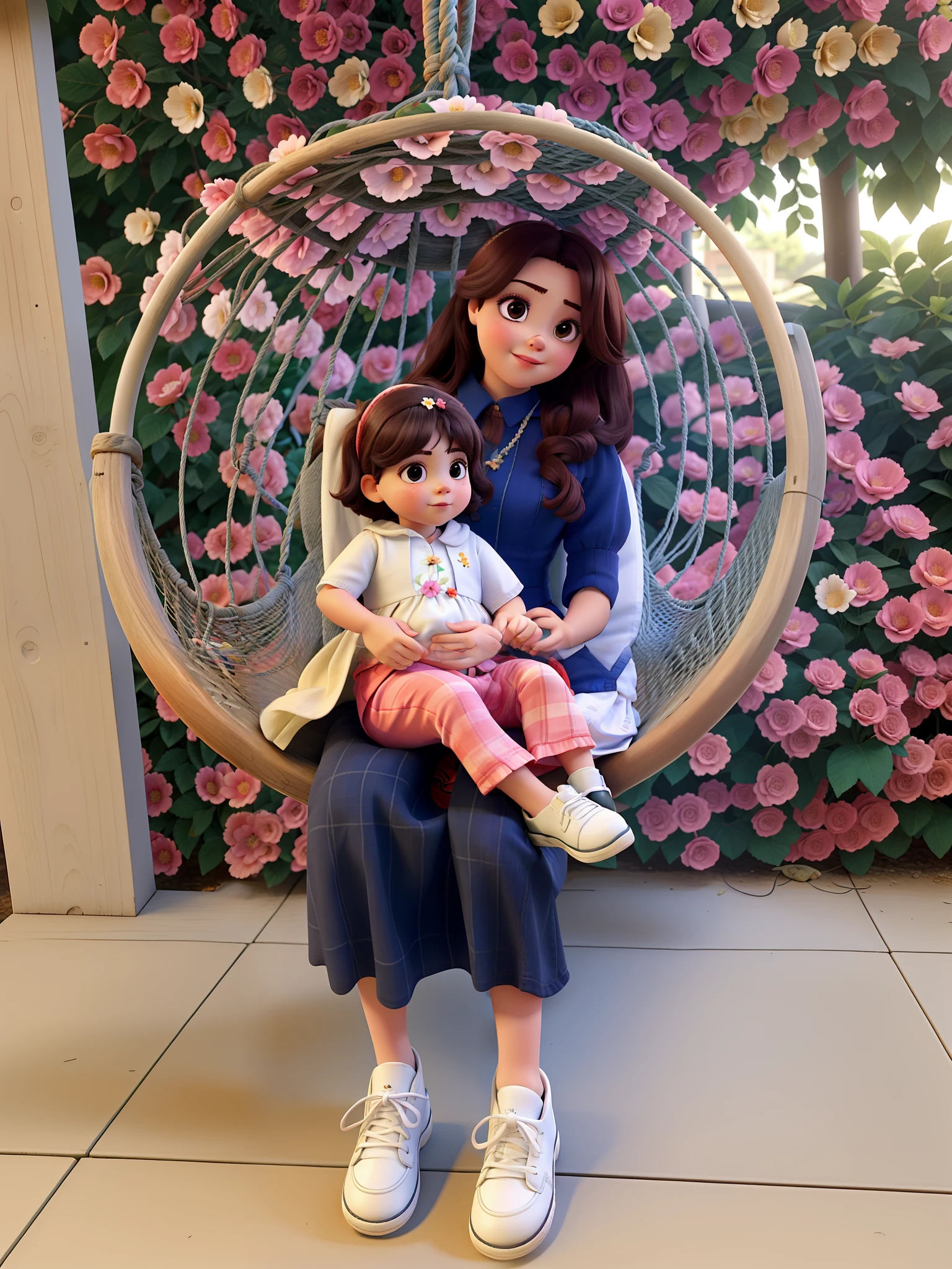 The baby and her mother sitting on a swing, cheio de flores em volta. alta qualidade