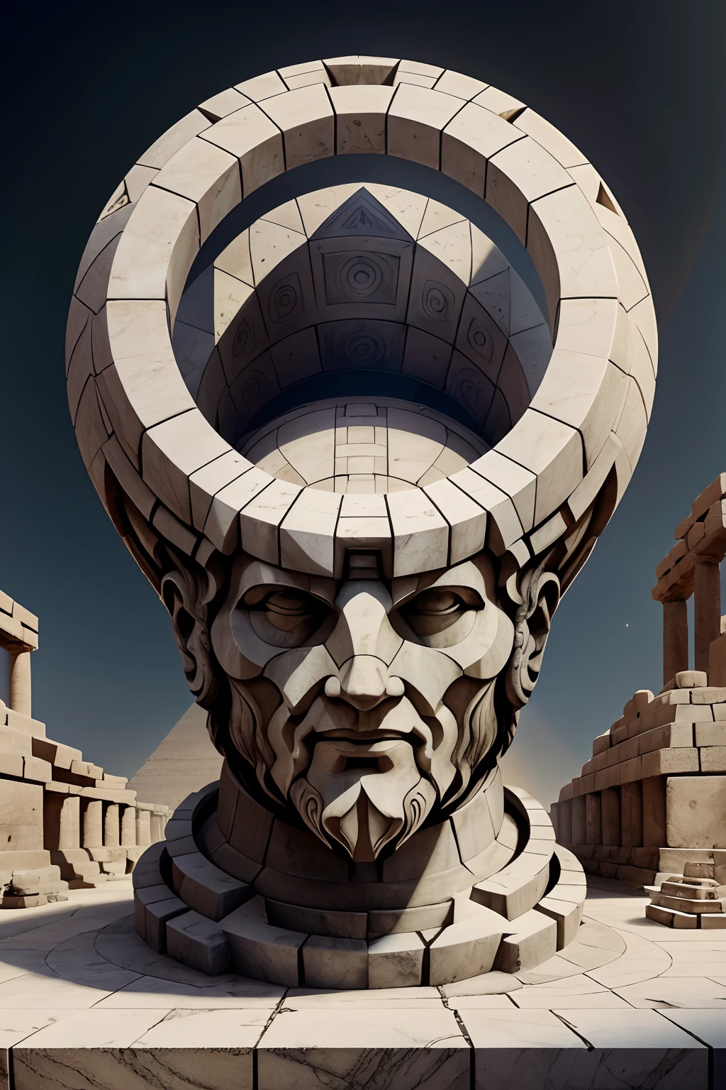 From oblivion he was brought back to consciousness by a cyclopean figure, the size of which amazed any imagination. The surrounding forms seemed to open up before this bulk, it was like a floating city within an existing city. Its geometry - its shape was difficult to describe, a floating rock, the wanderer thought to himself. As if hewn from a white monolith, the bulk covered the entire sky, casting a dense shadow on everything that fell under its overwhelming dominance in space. Its regular forms resembled a faceted crystal, or a temple erected by the titans from heavenly marble. Fiery craters glowed with blue flames under the belly of this mass. The pilgrim was slowly carried by an invisible heavenly current straight to this creation. As far as his consciousness allowed in such unusual circumstances, he concentrated as much as possible in an attempt to take any action. Resistance to the flow, or attempts to influence the movements, did not bring the desired results. He was in complete control, at least physically, of a force incomprehensible to him. Where the heavenly current carried him, the pilgrim could see a form changing every second in space and time. The gigantic sphere under the belly of the mass was like the heart of a divine animal, a sphere made of the purest “marble”, shimmering in its metal edges with many lights. It was dissected and girded in spirals along the circumference, cut into segments and again acquired its original shape, but in a completely different geometric pattern. Immediately, this form became rougher, turning into a prism of a toroidal circle and finally solidified into a giant cube. This form moved in segments, rotated and transformed in a dizzying pattern comparable in scale to the Temple of Theseus at Thebes. But this is the comparison that came to the pilgrim’s head first. In fact, this cyclopean megometric machine had its own rhythms and patterns. A cave opened into the center, into which the Great Pyramids would have passed l