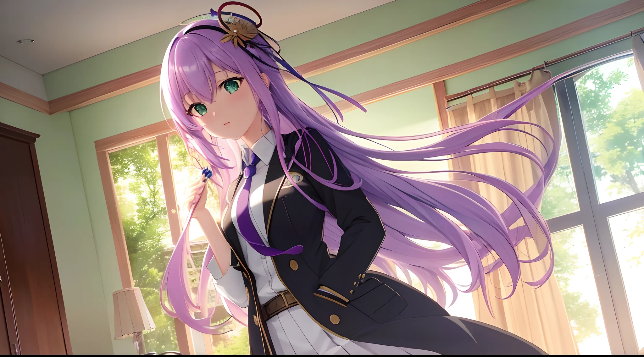 Athena with plain long light purple hair,hair between eyes,green eyes,rosy cheeks,full lips,thin eyebrows,slender body,wearing black school coat necktie and full long skirt,praying beads on neck,cute anime girl,full body,bedroom in background,anime style,Lumen Reflections,Screen Space Reflections,Diffraction Grading,Chromatic Aberration,GB Displacement,Scan Lines,Ray Traced,Anti-Aliasing,FXAA,TXAA,RTX,SSAO,Shaders,OpenGL-Shaders, GLSL-Shaders,Post Processing,Post-Production,cell Shading,Tone Mapping,CGI,VFX,SFX,insanely detailed and intricate, 4K,standing, solo, masterpiece, best quality, detailed face, detailed eyes, highres, standing, solo,masterpiece, best quality