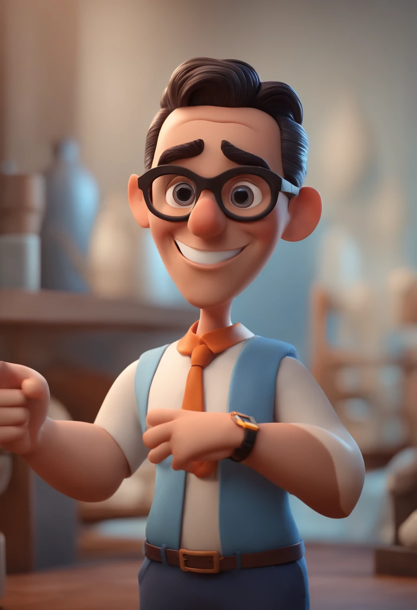 Cartoon character of a man with black glasses and a blue shirt, animation character, Caractere estilizado, animation style rendering, 3D estilizado, Arnold Maya render, 3 d render stylized, toon render keyshot, Personagem 3D, Personagem 3D, 3d rendering stylized, 3 d character render, personagem de desenho animado, Personagem de close up, Pose de personagem,  (Estilo Pixar) (master part:1.2) (Bokeh) (best quality) (pele detalhada) (textura detalhada) (8k) (argila) (Cinematic lighting) (foco nítido