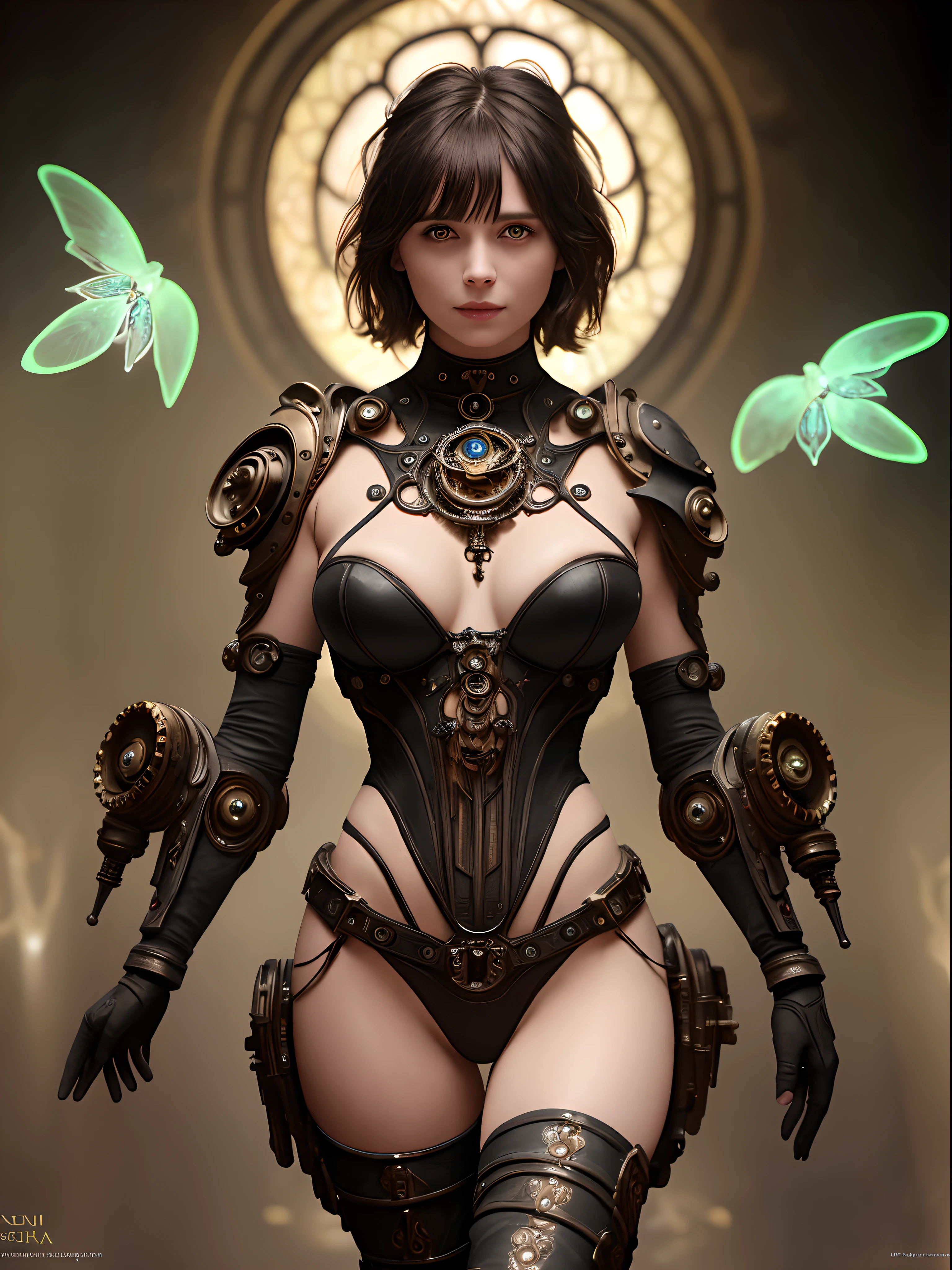 Realistic, photorealistic, high quality, RAW photo, cute sexy woman, full body shot, detailed perfect eyes, messy short hair, in minimalistic black tape clothing, luminism, 8k resolution, by Alphonse Mucha, by Giger, fractal isometrics details bioluminescence, blurred background with some steampunk elements, professional photoshoot, intricately detailed, cinematic, Isometric, dark aesthetic, canon 6d, depth of field
