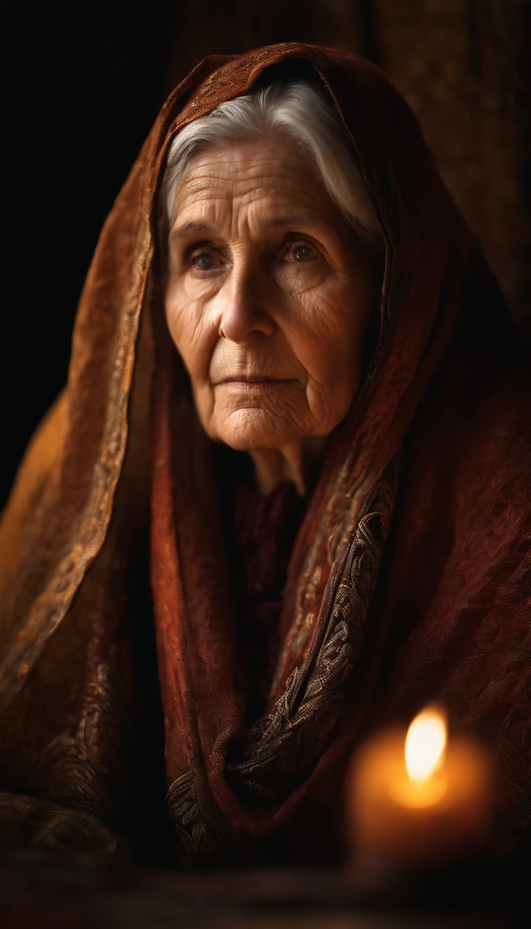 fortune teller. Intricate half body portrait of a very old Caucasian woman with wrinkles, illuminated by warm litted candles, with a backdrop of eerie dungeion . stunning interpretive visual, maximalist scarf and veil. f1.0lens, tilt-shift, shalllow DOF. dramatic lighting. chiaroscuro,