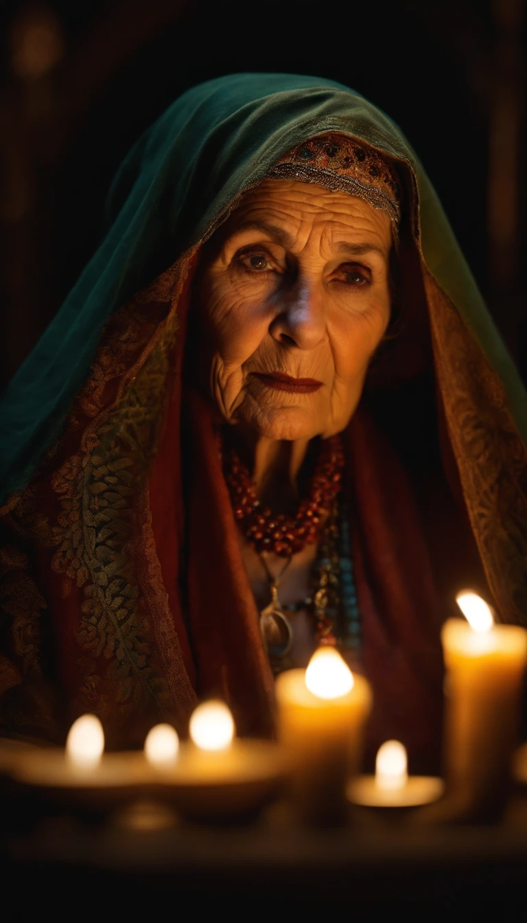 mystical environment with bright colors, incense, cards on the table and crystal ball, Intricate half body portrait of a very old Caucasian woman with wrinkles, illuminated by warm litted candles, with a backdrop of eerie dungeion . stunning interpretive visual, maximalist scarf and veil. f1.0lens, tilt-shift, shalllow DOF. dramatic lighting. chiaroscuro,