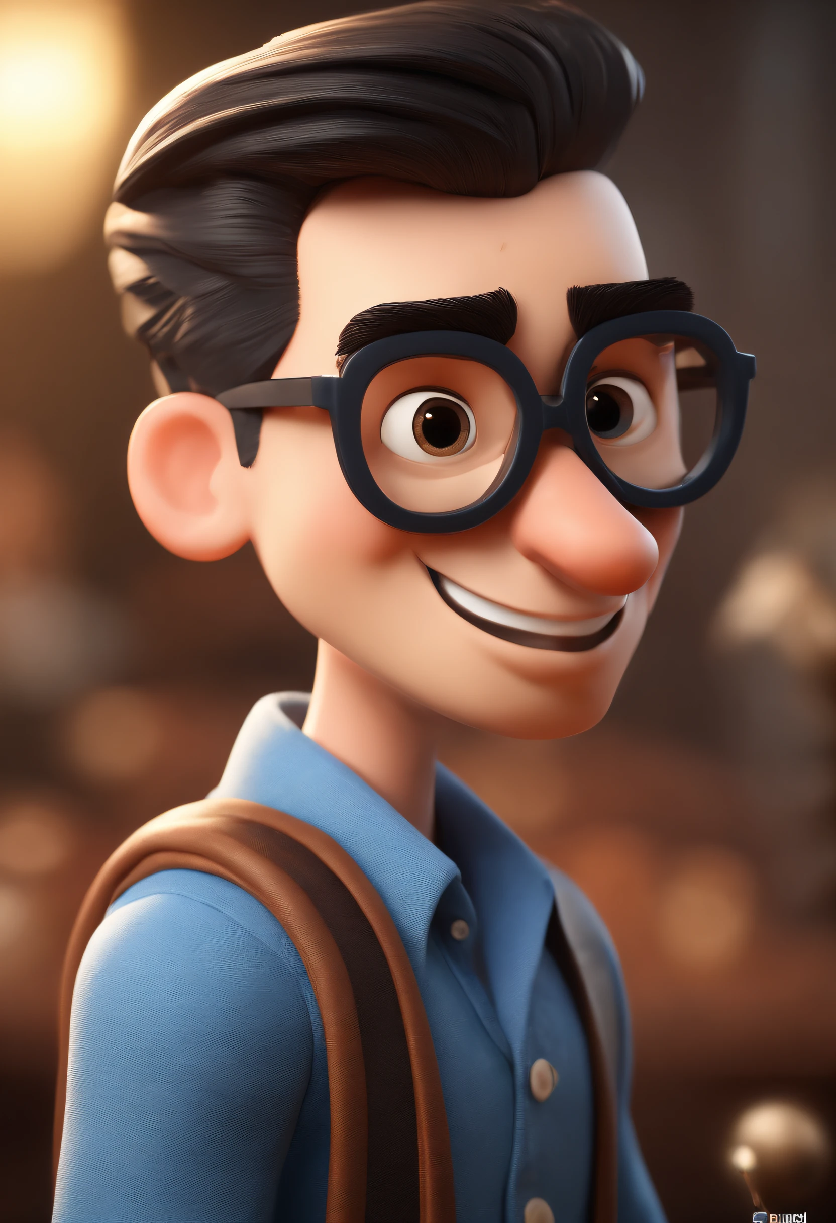 Cartoon character of a man wearing black glasses and a blue shirt, an animated character, stylized character, animation style render, Stylized 3 D, arnold maya render, 3 d render stylized, toon render keyshot, 3d character, 3 d character, stylized 3d render, 3 d character render, cartoon character, close up character, character posing,  (Pixar style) (Masterpiece:1.2) (Bokeh) (Best quality) (Detailed skin) (Detailed texture) (8K) (Clay) (Cinematic lighting) (Sharp focus