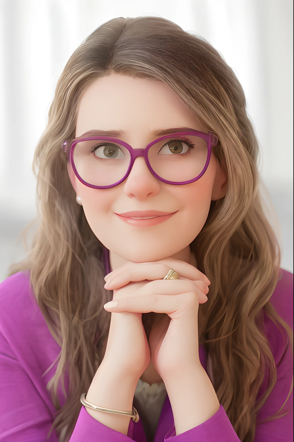 Woman with glasses and purple shirt posing for photo, reading glasses, wearing thin large round glasses, retrato profissional close-up, imagem profissional,