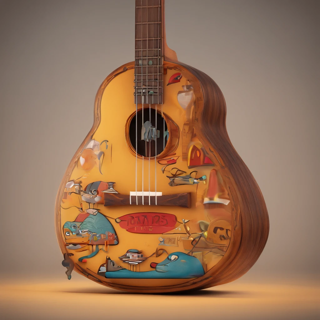 Criar um post estilo Pixar, um homem 20 anos com bigode e cavanhaque e cabelo dreadlock, Prescription Glasses with Hoop Earrings on Ears Pircing on the ariz Tattoo Playing Classical Guitar