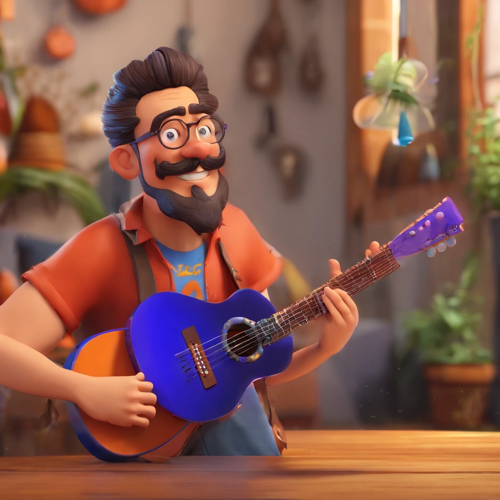 Criar um post estilo Pixar, um homem 20 anos com bigode e cavanhaque e cabelo dreadlock, Prescription Glasses with Hoop Earrings on Ears Pircing on the ariz Tattoo Playing Classical Guitar