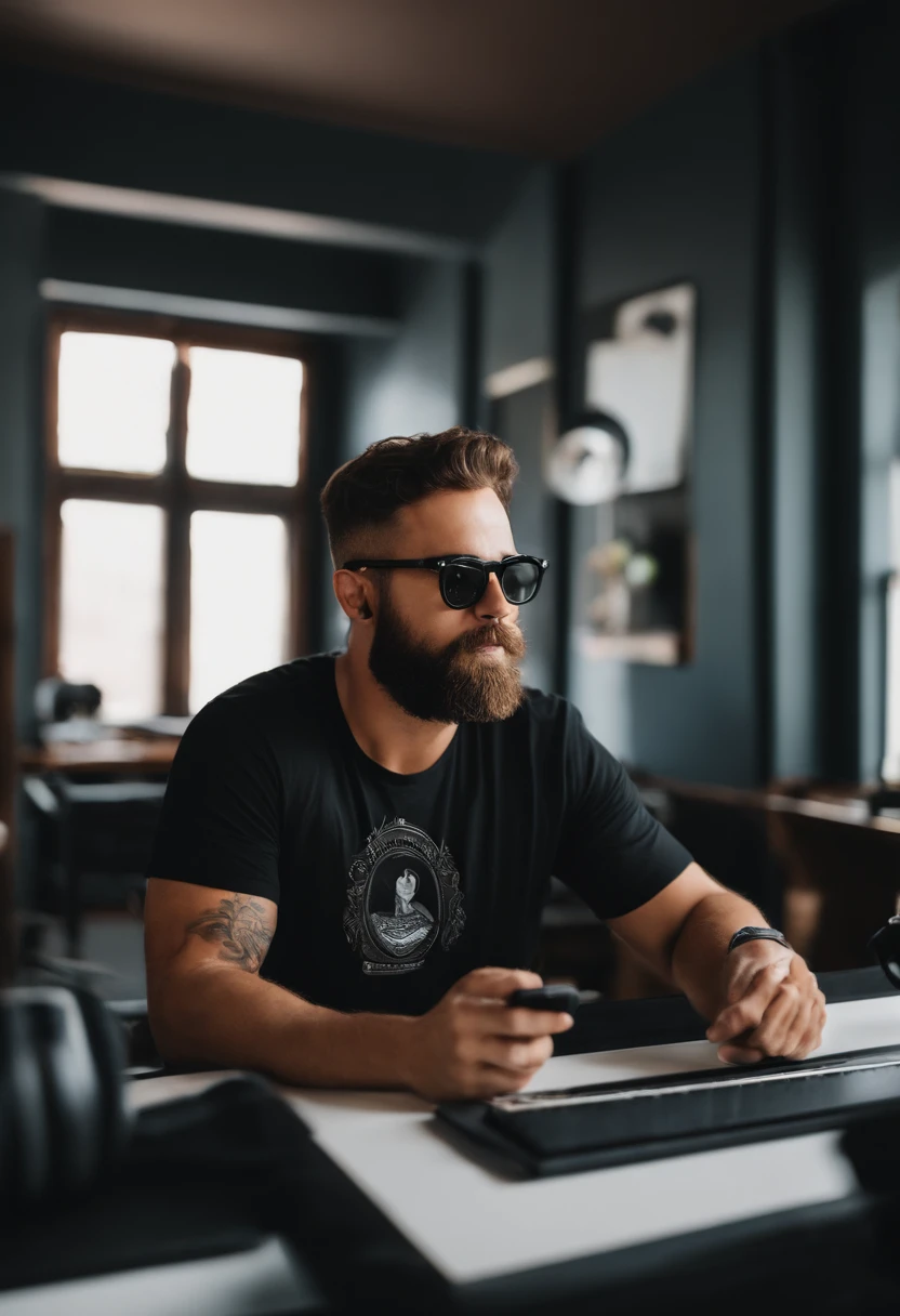 um homem calvo, em breve, barba curta preta, olhos castanhos, com fones de ouvido, cell phone in the hands, oculos wayfarer, A music studio in the background, Imagem no estilo Pixar, Estilo de filme animado 3D, Disney, camiseta preta, rock,