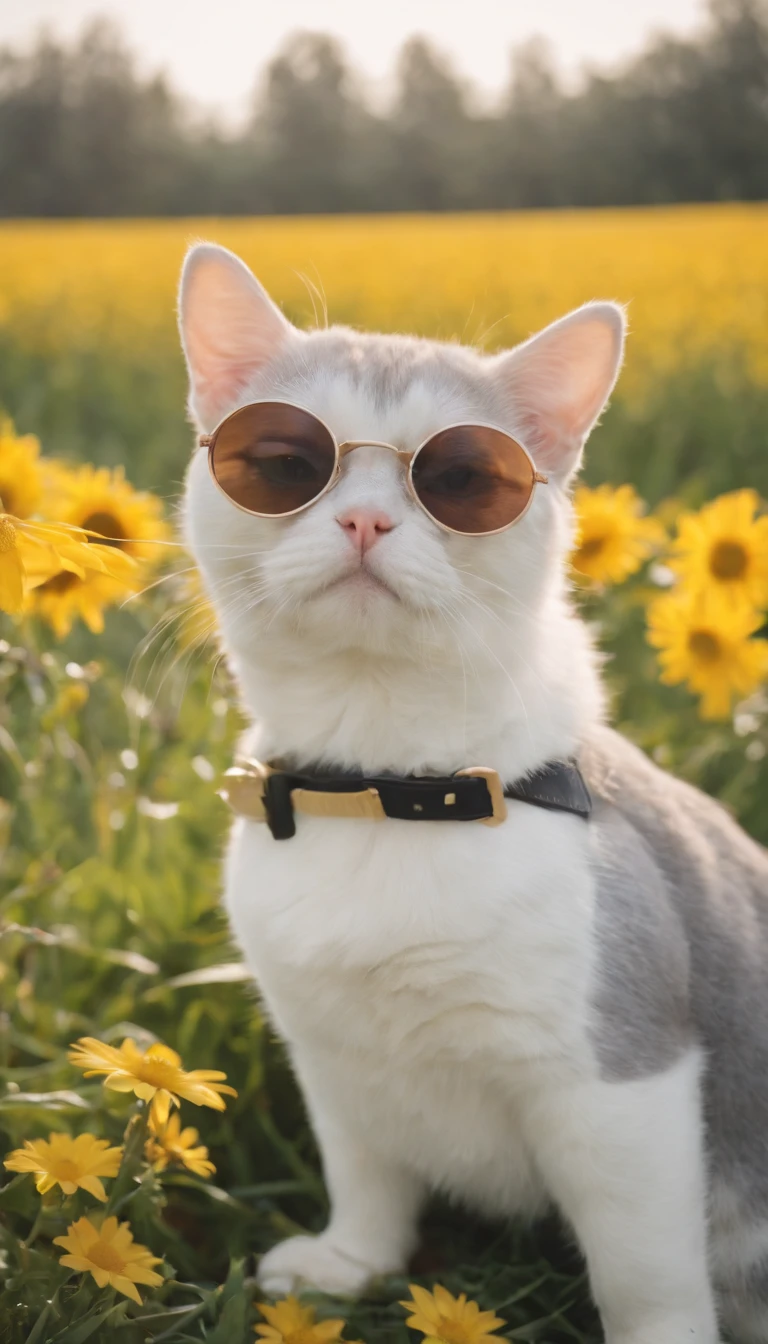 Wear cute pet clothes and hats,Wearing big sunglasses,Wear a silver gradient skirt, rays of sunshine,heal,Lying on the lawn,There are some flowers,super adorable,Chubby