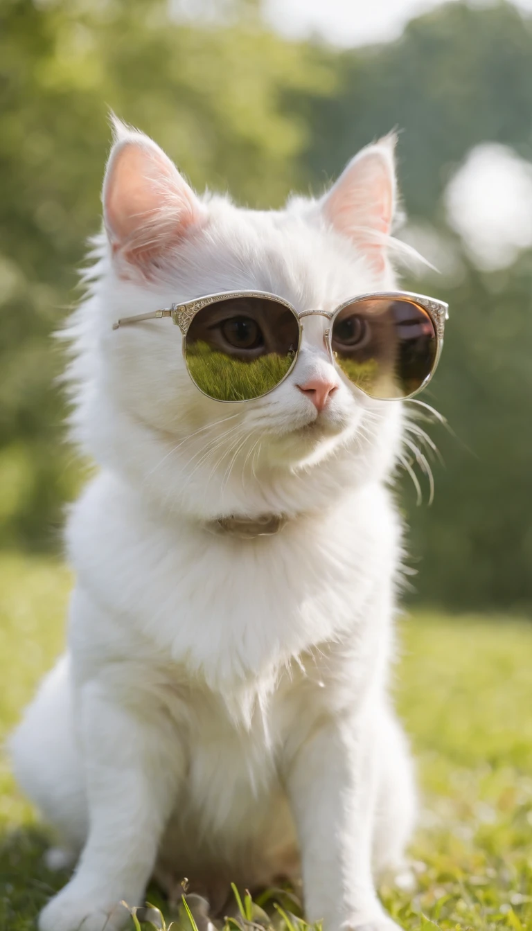 Wear cute pet clothes and hats,Wearing big sunglasses,Wear a silver gradient skirt, rays of sunshine,heal,Lying on the lawn,There are some flowers,super adorable,Chubby