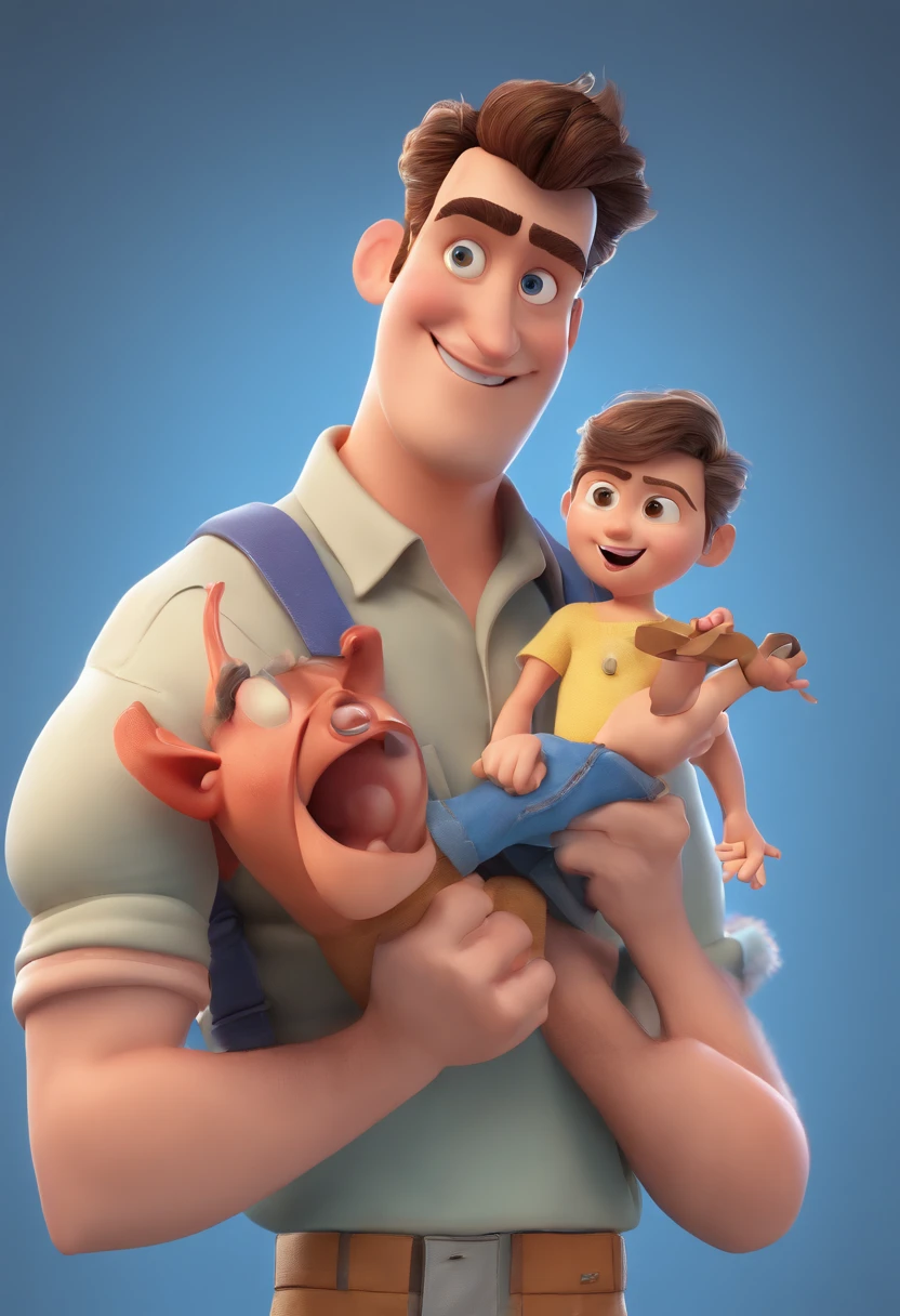 Estilo Pixar: The grown man is holding a naked blue-eyed boy and in his other hand he is holding a pair of scissors and is trying to cut off the boy's testicles,3D Poster,Disney