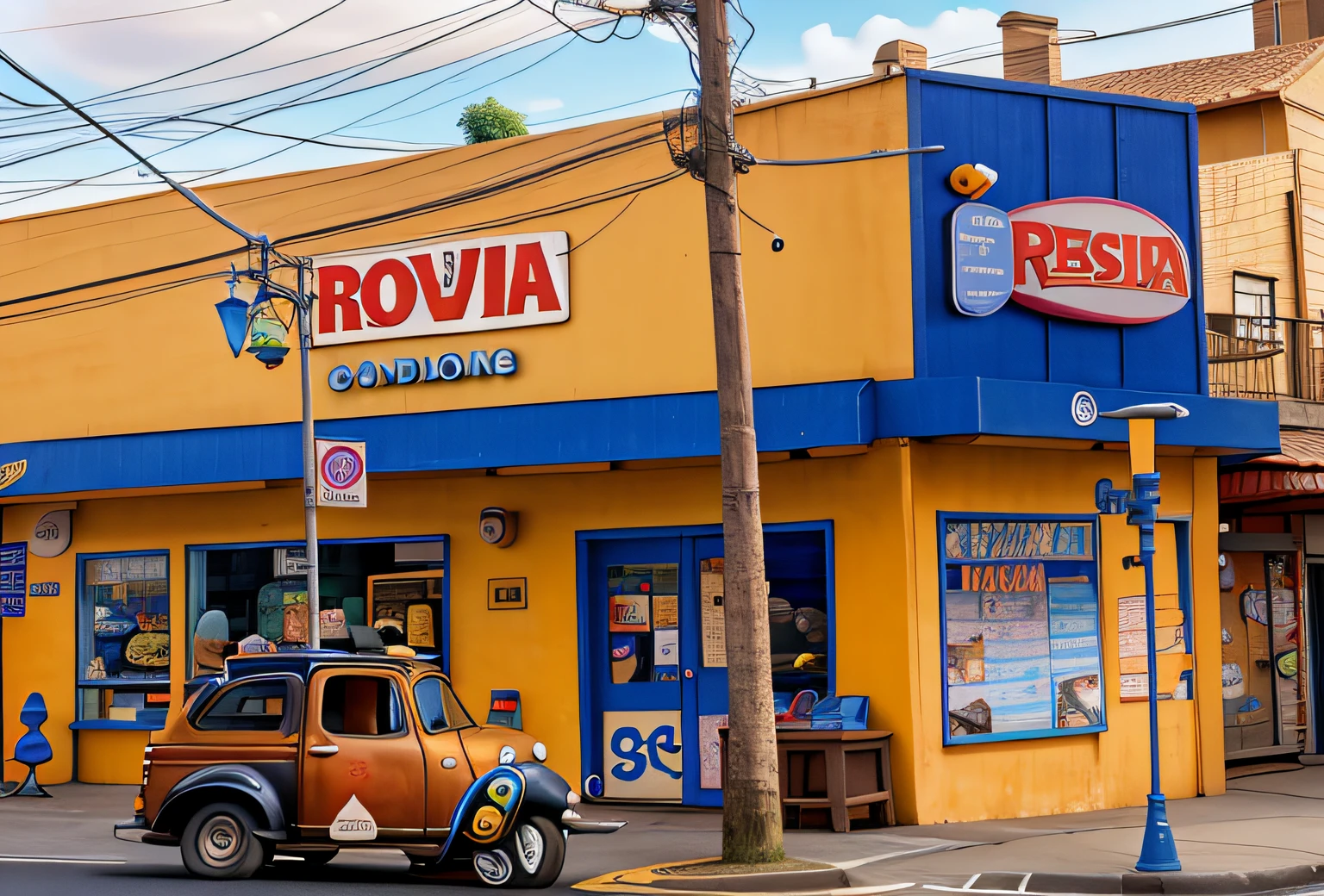 Estilo pixar, Yellow building and blue façade, papelaria, colocar personagens pixar,  Directed by: Tom Wänerstrand, Directed by: David Ruby, Directed by: Emma Rios, Directed by: Samuel Silva, brasileiro, Lojas, Directed by: Luis Miranda, Directed by: Max Buri, loja, Directed by: Ramon Silva, Directed by: Judith Gutierrez,