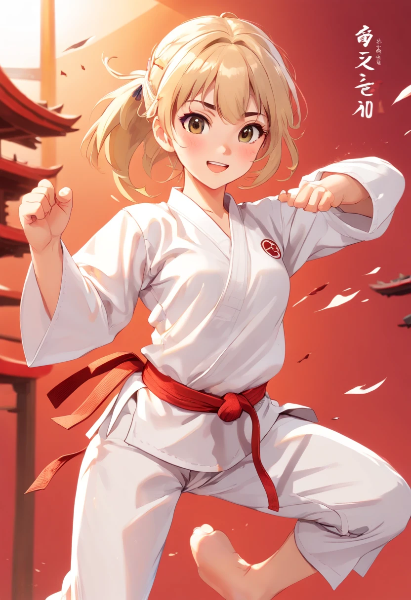 Woman training Shotokan karate performing punch movement with right hand, animated color photos, retrato honesto, corpo inteiro(obra prima:1.3), (8k, alta resolução, uma imagem, Qualidade de imagem superior: 1.4), (1girl em), ligh cabelos castanhos, cabelos ondulados, rosto bonito atraente, (um sorriso: 1.15), , corpo inteiro, bare-legged(White Karate Uniform:1.4), Corpo atraente com beleza curva suave, Poses sensuais ousadas, Anatomia Perfeita, TÓQUIOcty