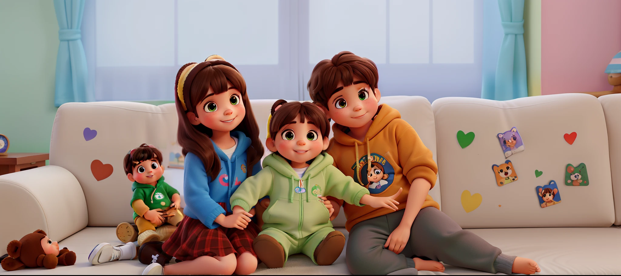 Gerar um poster de uma menininha sorridente de 5 anos, medium brown hair with bangs, A baby girl with big cheeks with big almond eyes green color, Cheerful in a hooded onesie with teddy bear ears and an 8-year-old boy, moreno e cabelos castanhos, Sitting on the couch in Disney Pixar style, alta qualidade, melhor qualidade