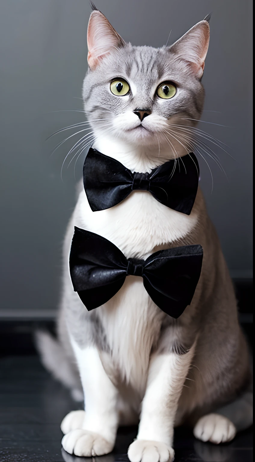 Fashionable and dignified gray cat、Black bow tie、sitting on、with round face、The background is a black wall、Facing the front、A little plump、Looking here、The ground is black floor