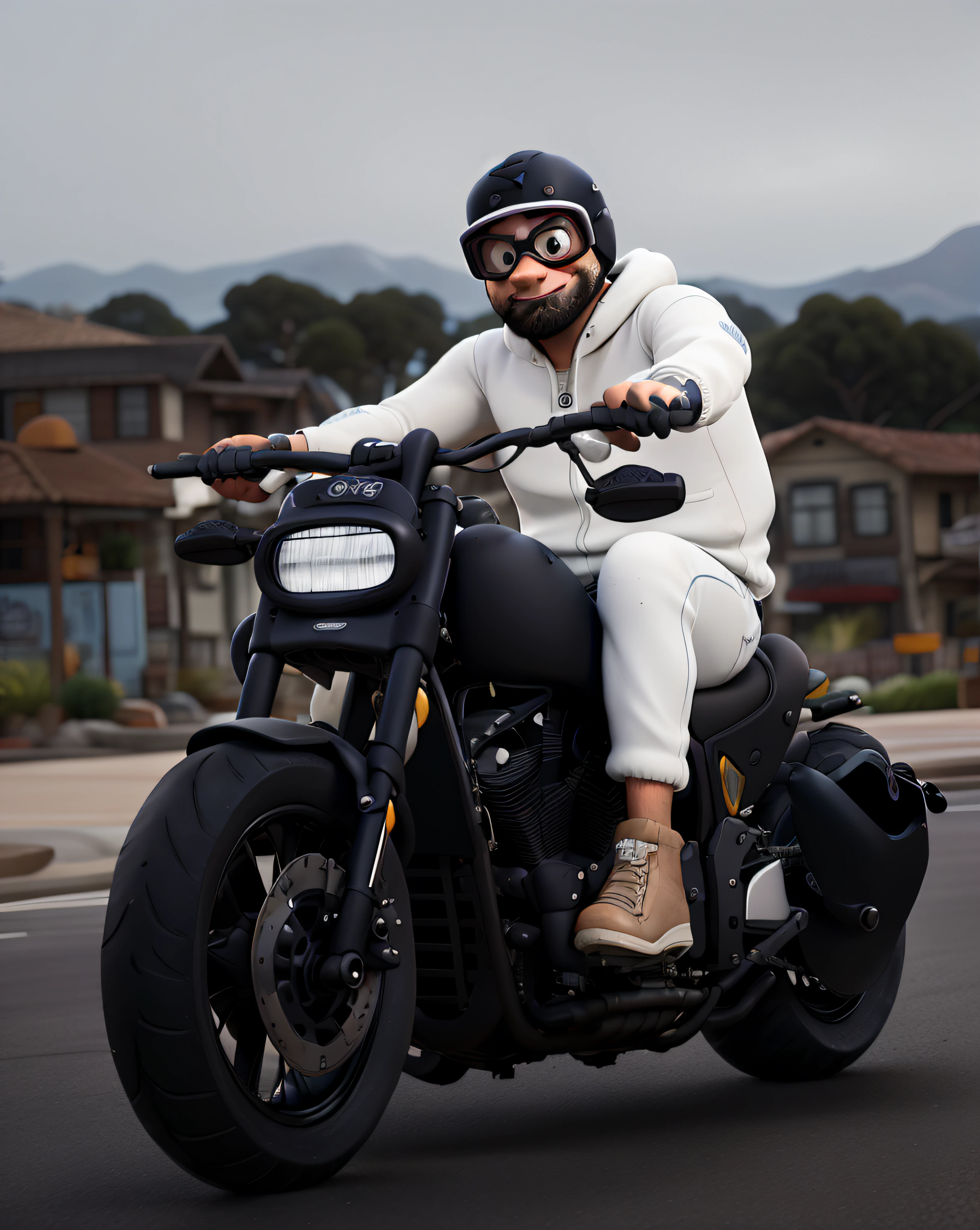 personagem disney pixar, desenho, moto fatbob preta, moletom branco, Grey Running Goggles, paisagem linda de dia