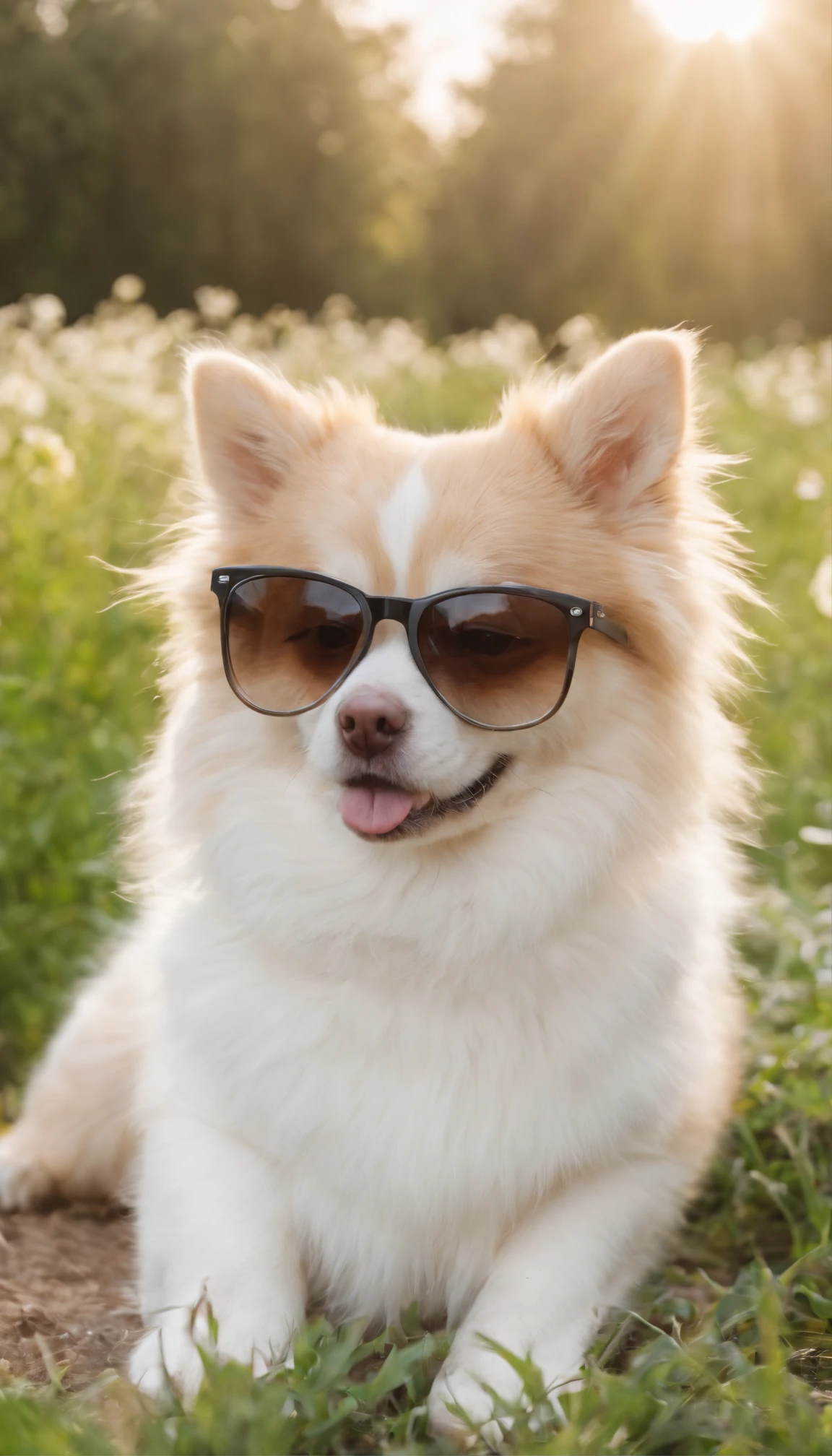 Wear pet clothes,Hats,Wearing a short silver gradient in large sunglasses with personality, rays of sunshine,heal,Lying on the lawn,There are some flowers,super adorable,Chubby