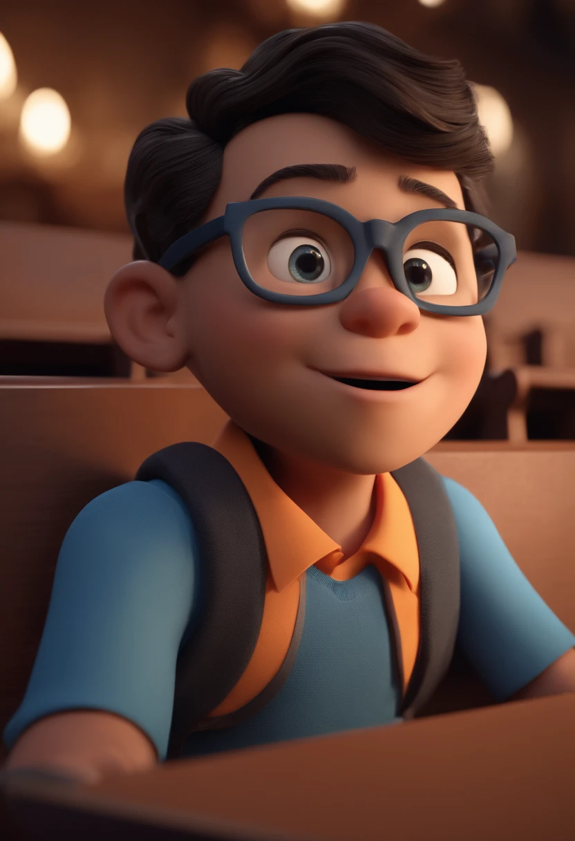 Cartoon character of a boy with black glasses and a blue shirt praying in church, animation character, Caractere estilizado, animation style rendering, 3D estilizado, Arnold Maya render, 3 d render stylized, toon render keyshot, Personagem 3D, Personagem 3D, 3d rendering stylized, 3 d character render, personagem de desenho animado, Personagem de close up, Pose de personagem, (Estilo Pixar) (master part:1.2) (Bokeh) (best quality) (pele detalhada) (textura detalhada) (8k) (argila) (Cinematic lighting) (foco nítido